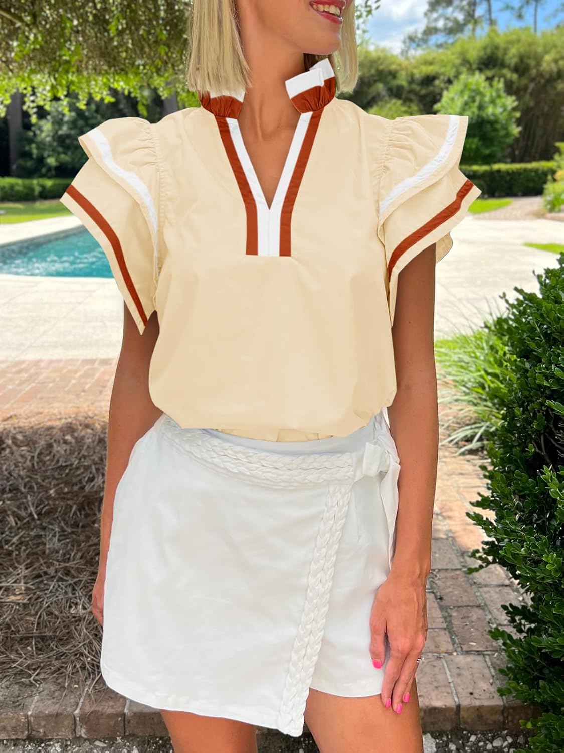 Cicy Bell Womens Ruffle Cap Sleeve Tops Color Block V Neck Dressy Casual Blouses Summer Pleated Loose Fit Shirts - Image 3