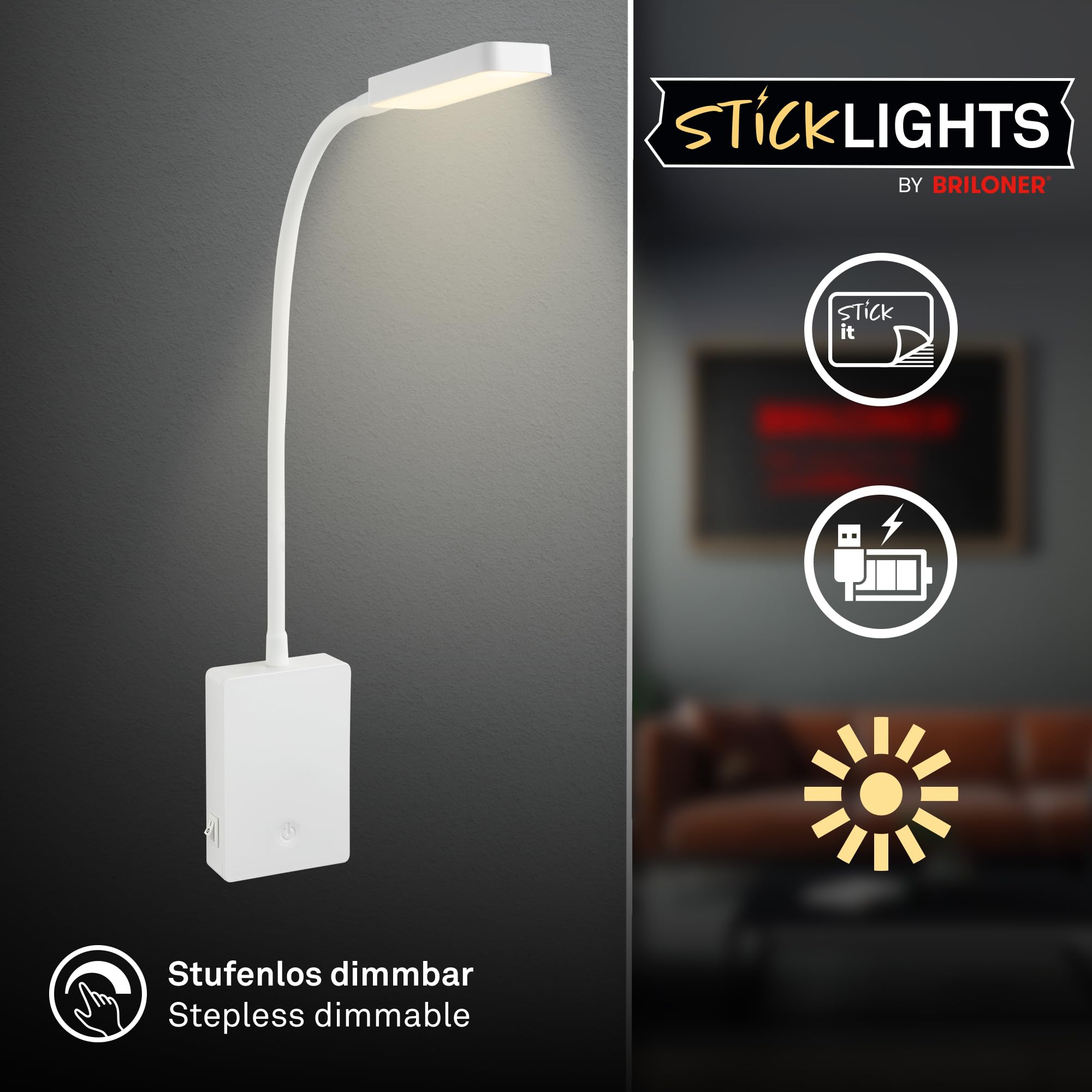 BRILONER - LED Leselampe ohne Stromanschluss und ohne Bohren mit Akku, Touch, dimmbar, warmweißes Licht, Wandleuchte, Wandlampe zum Kleben, Bettlampe, Leselicht, Nachttischlampe, 6x3x50 cm, Weiß