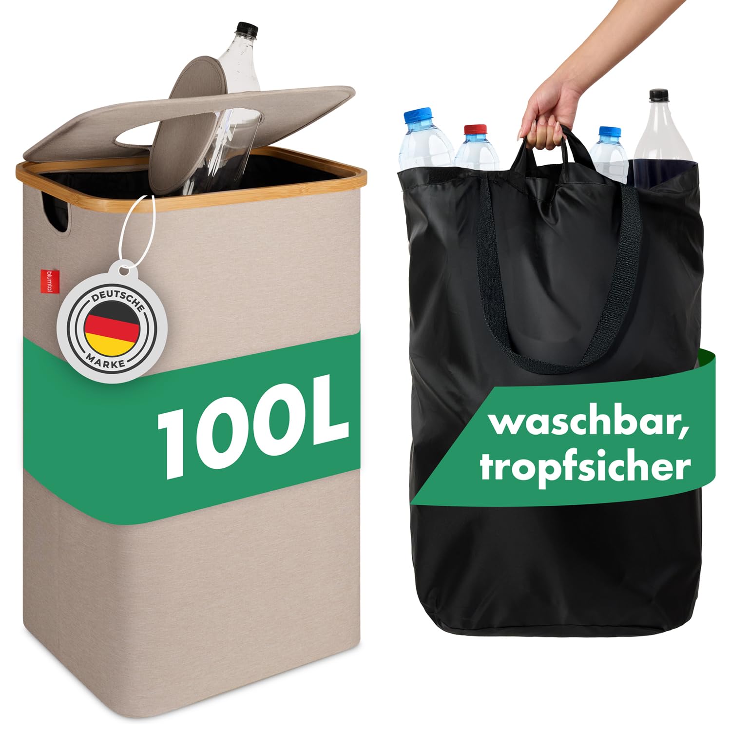 Blumtal Pflandflaschen Sammelbehälter 100L - Bambus Pfandflaschen Organizer mit Pfandflaschen Tasche - Pfandflaschen Behälter - Leergut Sammelbehälter mit Loch - Pfandflaschen Aufbewahrung in Beige