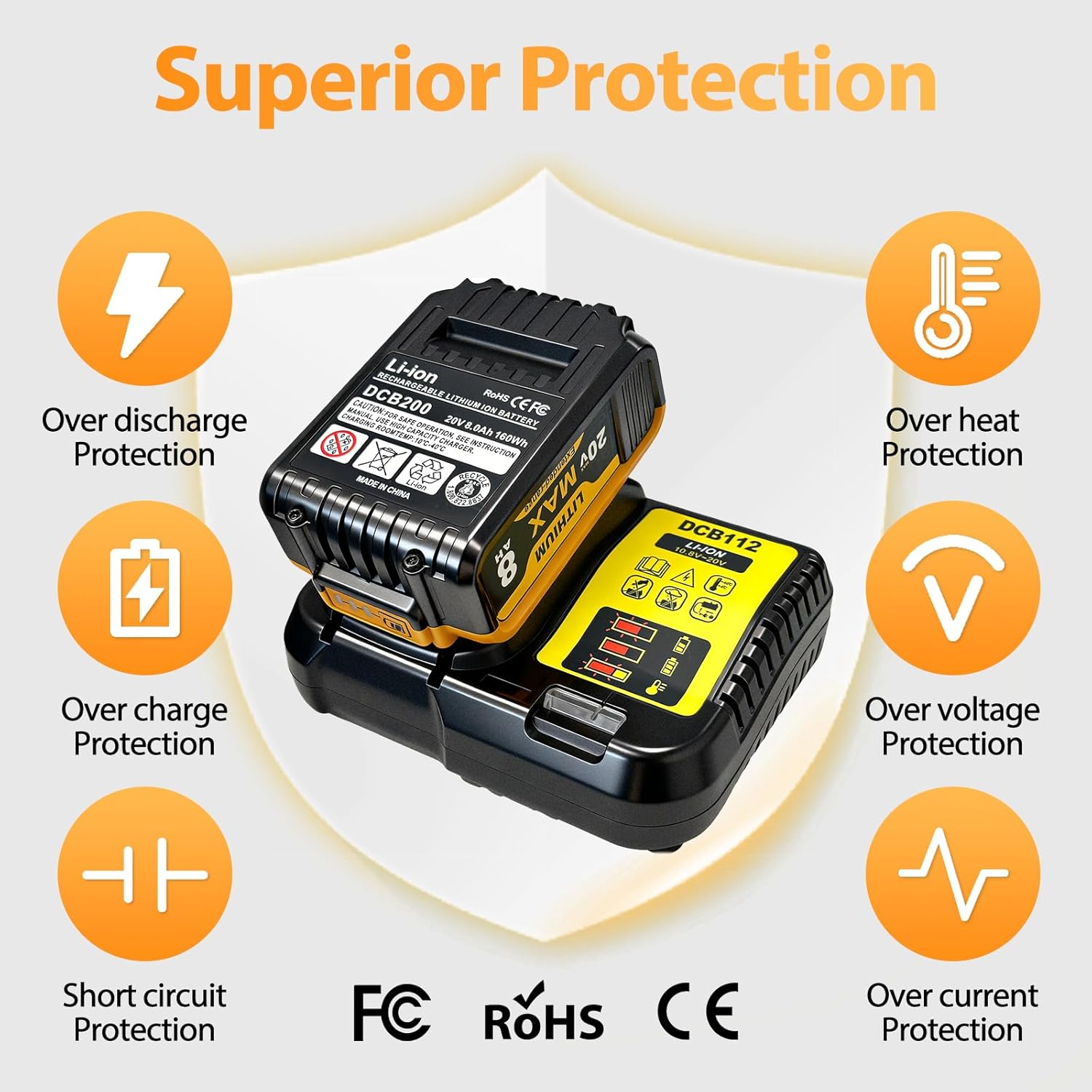 2-Pack 8000mAh 20V Max Lithium-Ion Battery & Charger Combo, High Capacity Replacement for DEWALT 20V MAX Battery Power Tools, Fast Charging Included - Image 4
