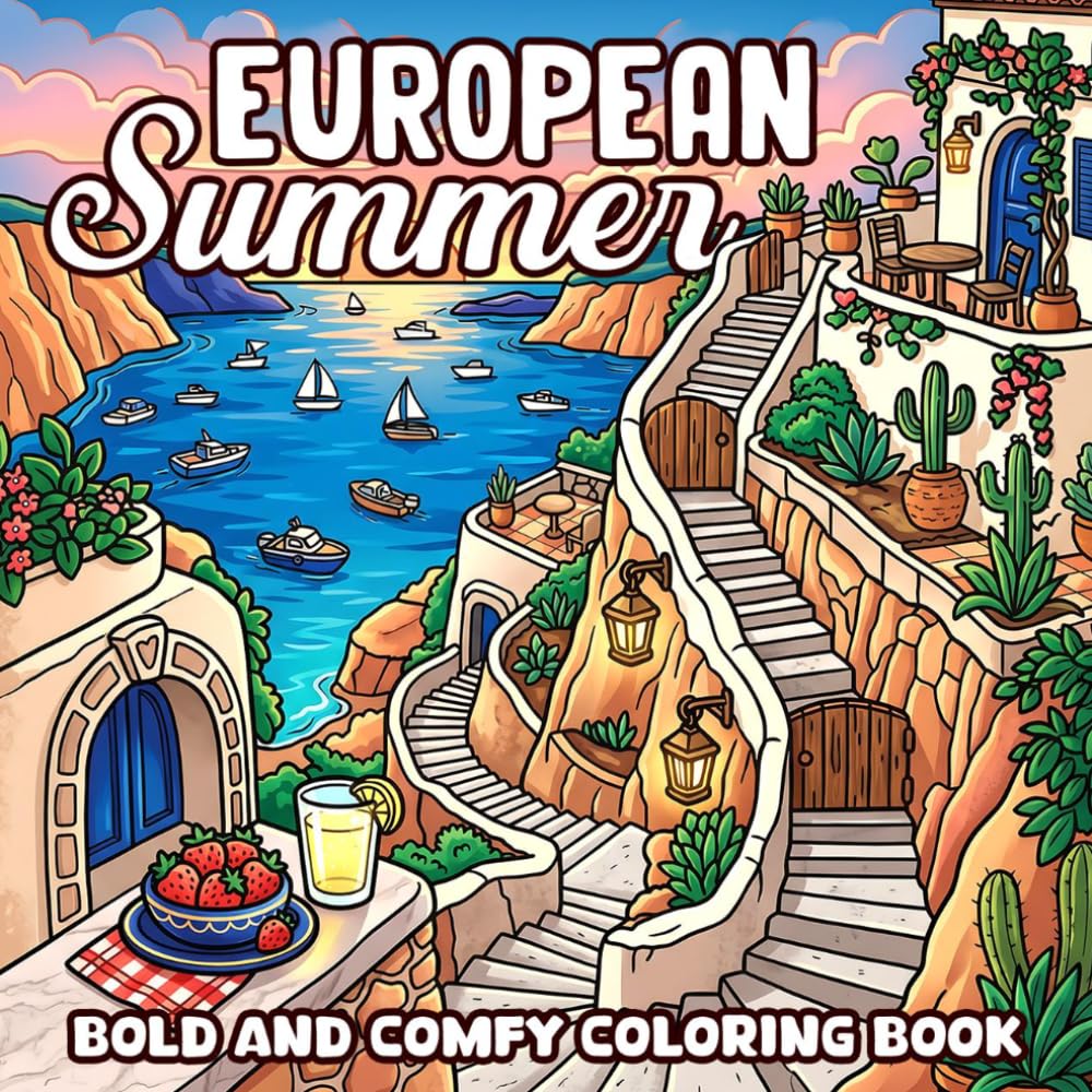 European Summer Coloring Book: Mediterranean Vacation Coloring Pages Featuring Coastal Villages, Italian Cafés, and Scenic Beaches for Teens and Adults Relaxation and Mindfulness