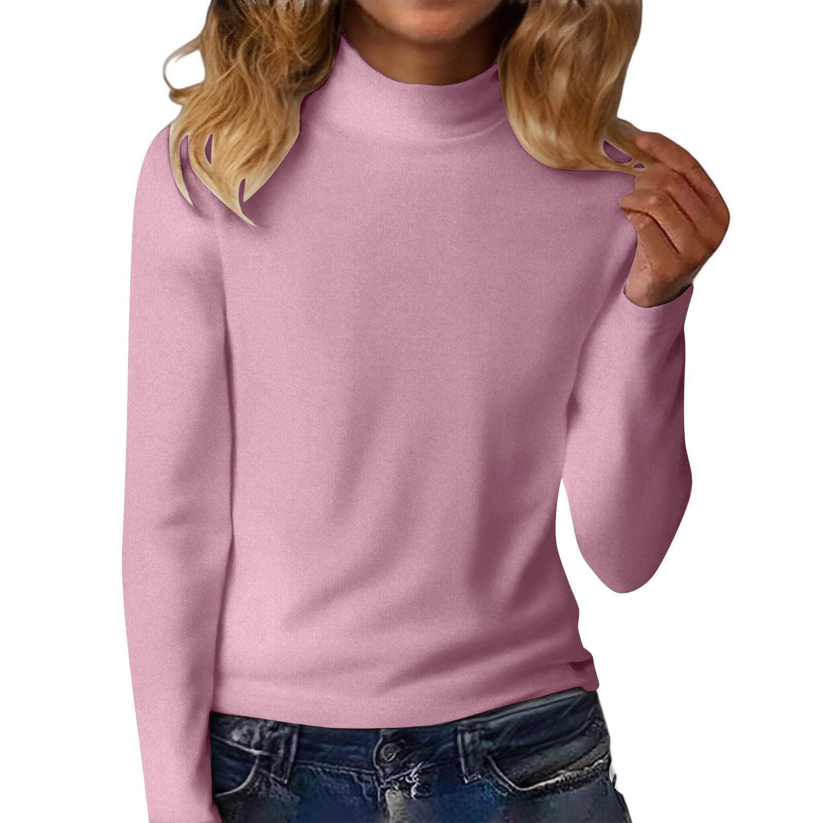 Camiseta Mujer Manga Larga Original Tops de Cuello Alto Primavera Otoño Color Sólido Sueltos Jersey T-Shirt Camisetas Basicas Pullover Deporte Fiesta Cómodo Casual Camisetas Interior Diario