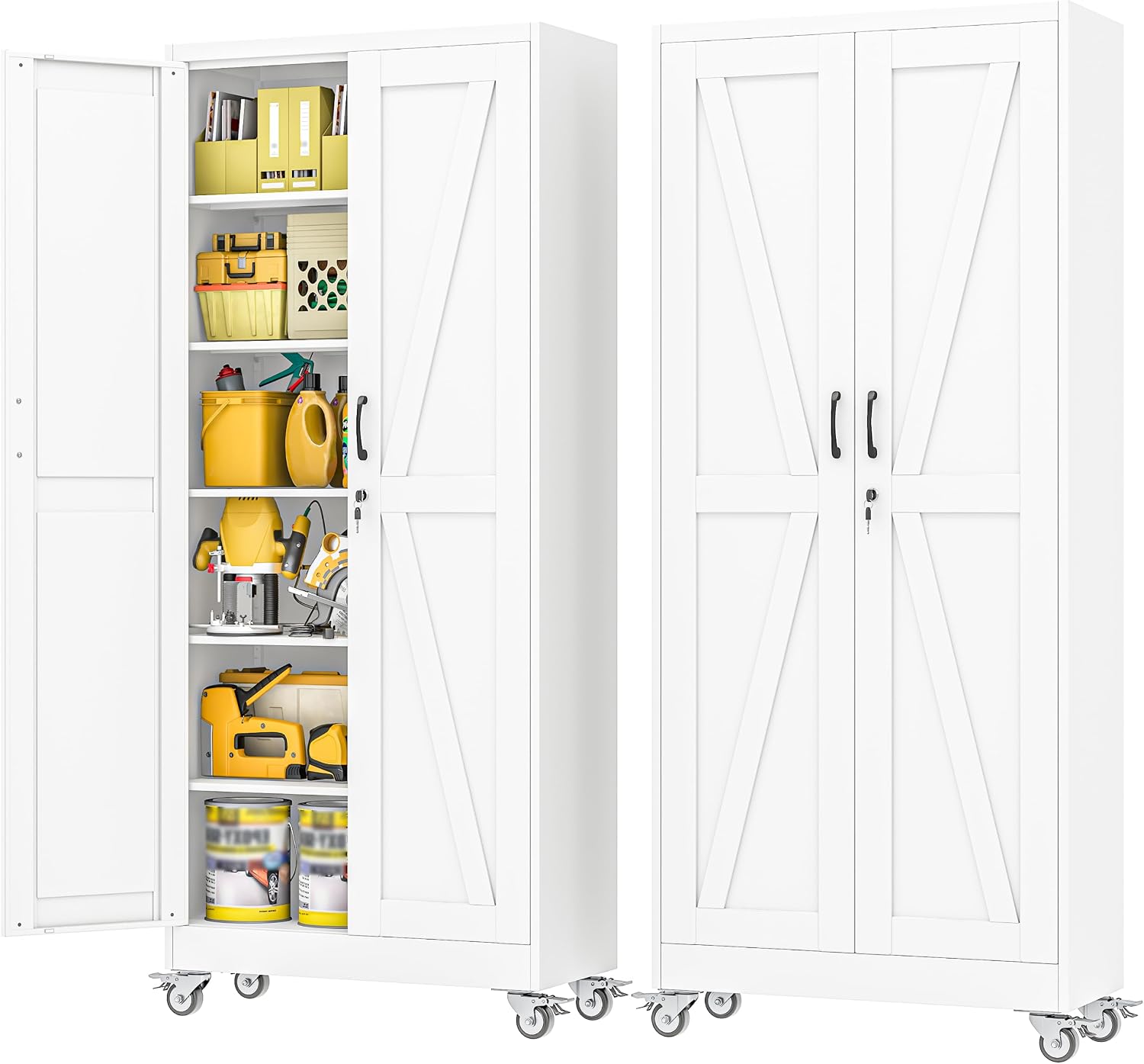 PAOFIN 75" Metal Garage Storage Cabinets with Wheels