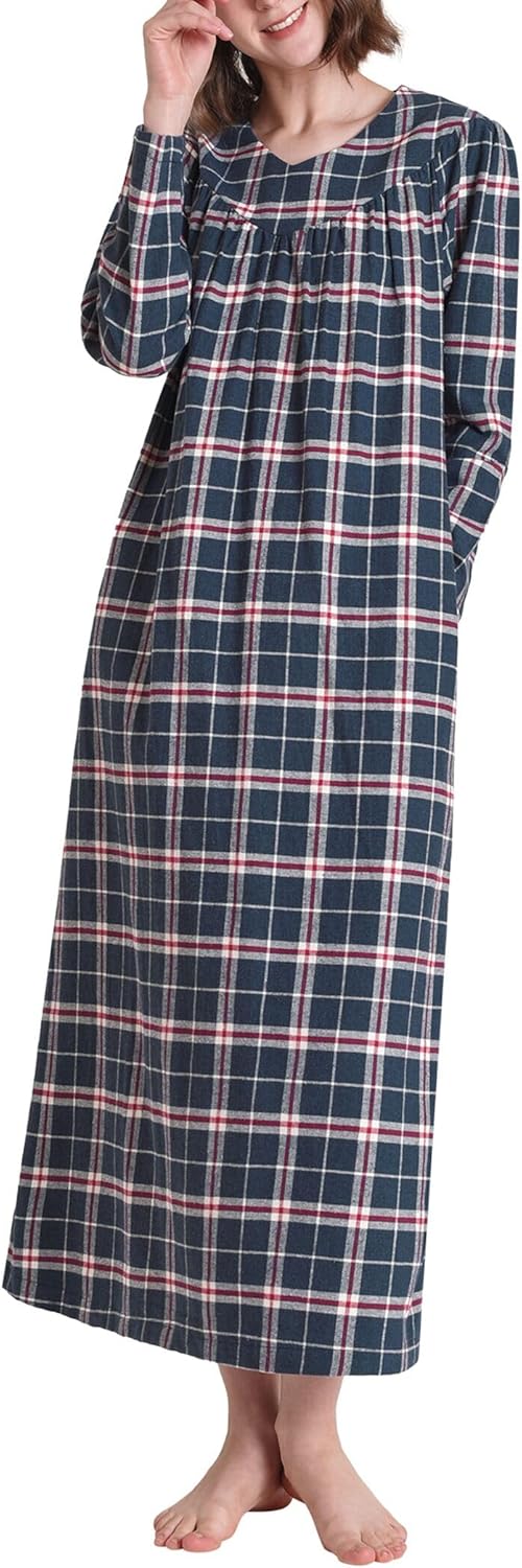Latuza Women's Plaid Flannel Nightgown Long Sleeve V-Neck Nightgown with Pockets