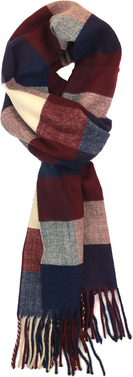 Plum Feathers Plaid Check and Solid Cashmere Feel Winter Scarf, Warm Scarfs, Cold Weather Accessories, Fringe Scarves