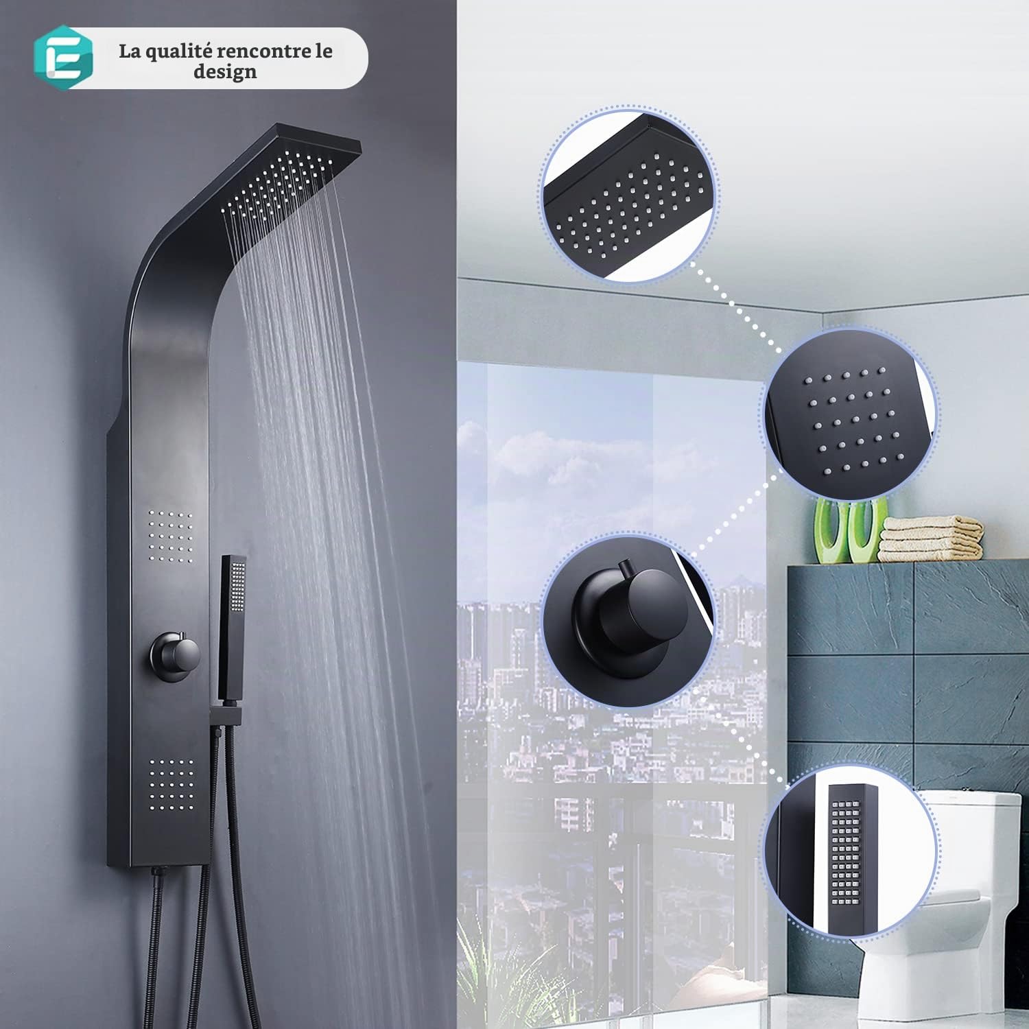 Elbe Ensemble de douche sans robinetterie avec 3 fonctions, système de douche en acier inoxydable brossé 304, avec 2 jets de massage, douche à effet pluie et douchette, aspect noir mat, RNP-W04S