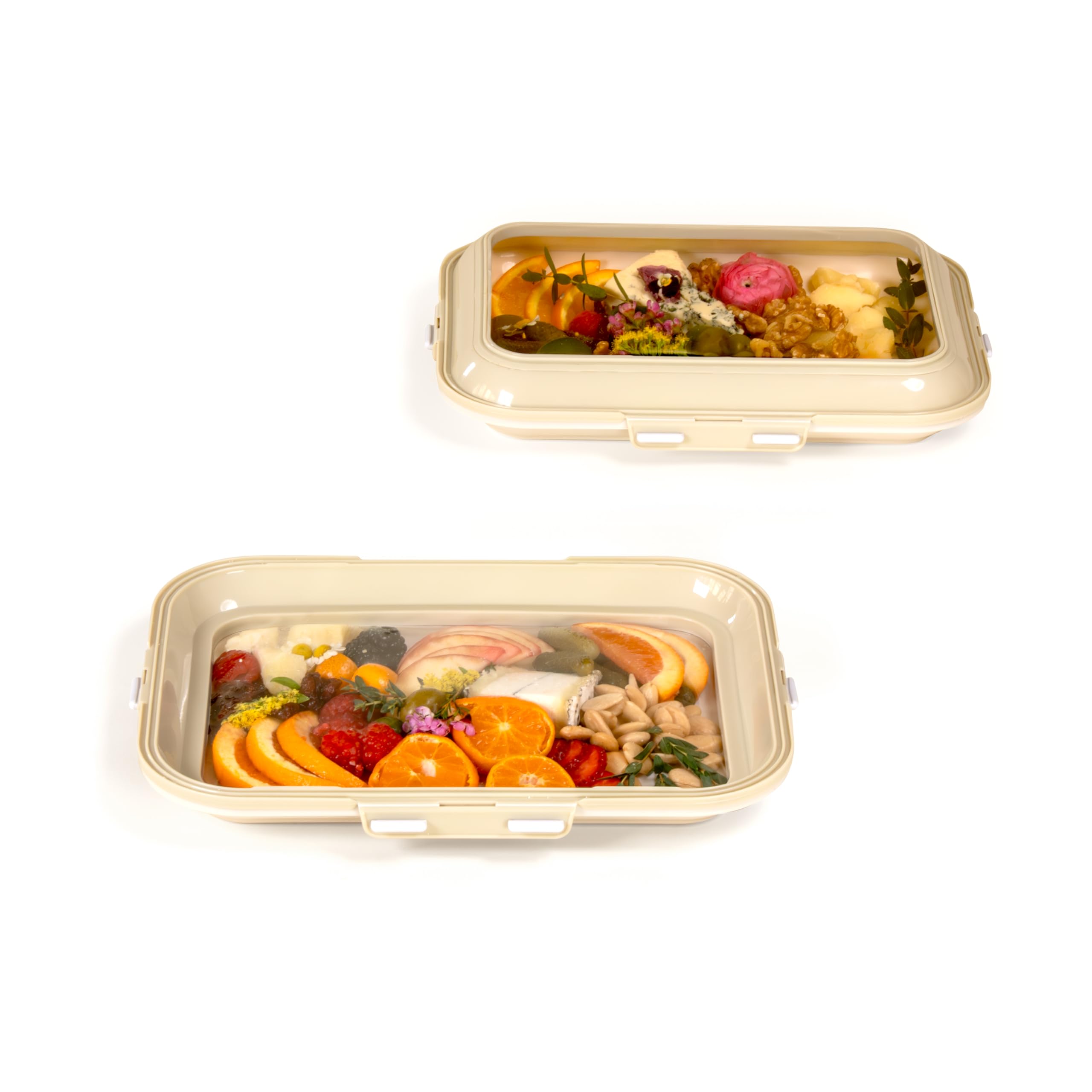 Crudités | Portable Snack Tray | Rectangle 2-Pack | Cream White | Reversible Stretch Lid Food Containers | BPA-Free, Freezer & Dishwasher Safe | Meal-Prep, Charcuterie, Salads, Picnic, Travel