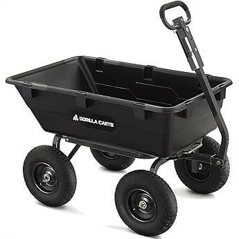 Gorilla Carts Heavy-Duty Poly Yard Dump Cart, 12 Cu Ft Tub, 1600 lb Haul Capacity, Black – Towable Utility Wagon with Quick-Release Dumping & Pneumatic Tires for Landscaping and Gardening