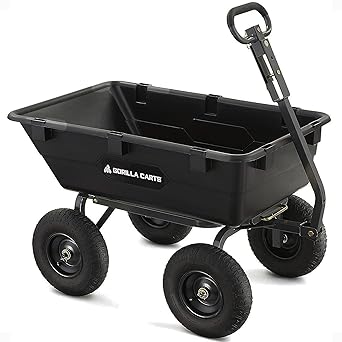Gorilla Carts Heavy-Duty Poly Yard Dump Cart, 6 Cu Ft Tub, 1200 lb Haul Capacity, Black Towable Utility Wagon with Quick-Release Dumping & Pneumatic Tires for Landscaping and Gardening