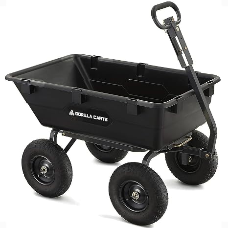 Gorilla Carts Heavy-Duty Poly Yard Dump Cart, 6 Cu Ft Tub, 1200 lb Haul Capacity, Black Towable Utility Wagon with Quick-Release Dumping & Pneumatic Tires for Landscaping and Gardening