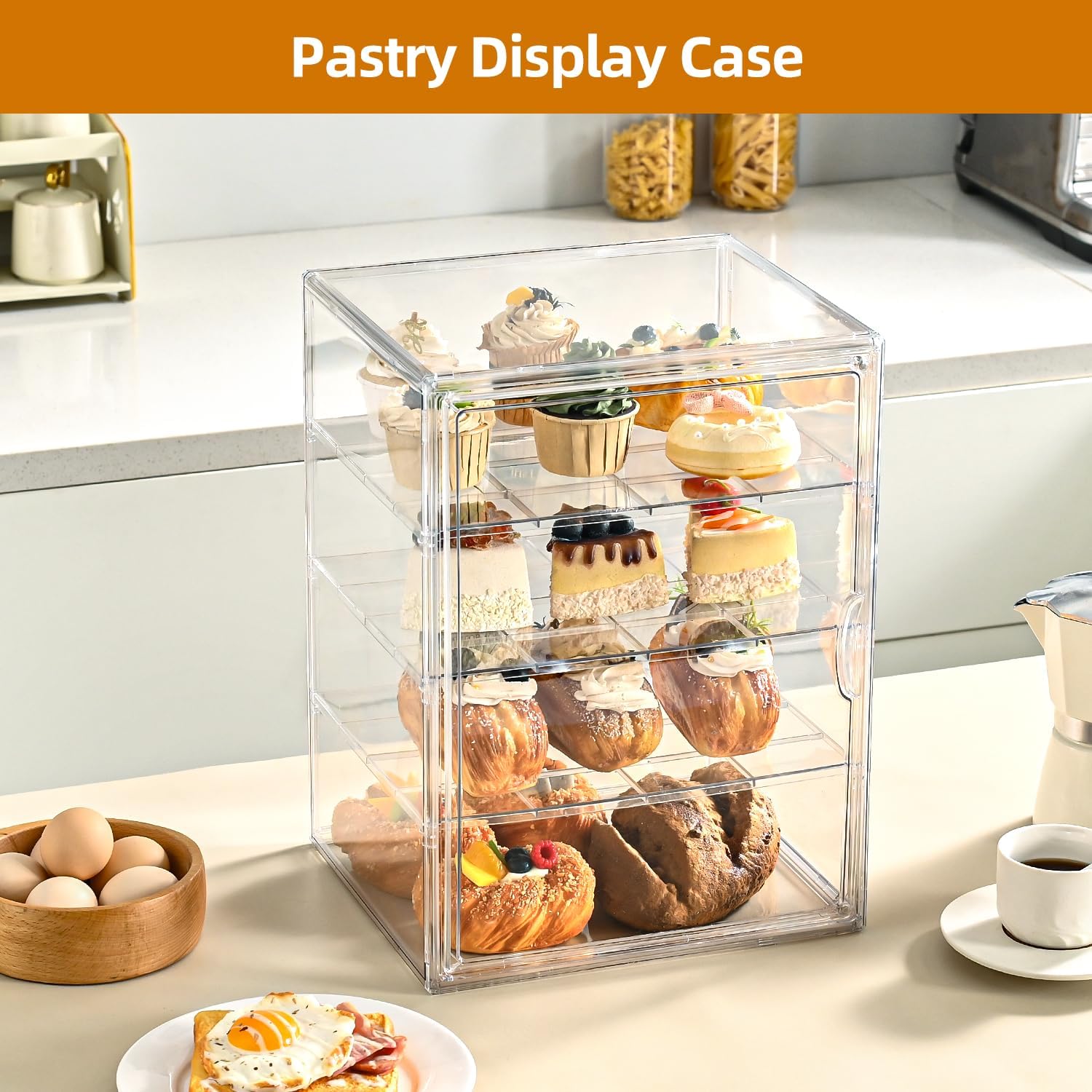 Pastry Display Case?4-Tier Adjustable Clear Bread Storage with Magnetic Door?Bread Box for Kitchen Countertop?15.7x11.8x9.8xinch (4 Tier-1 Pack)