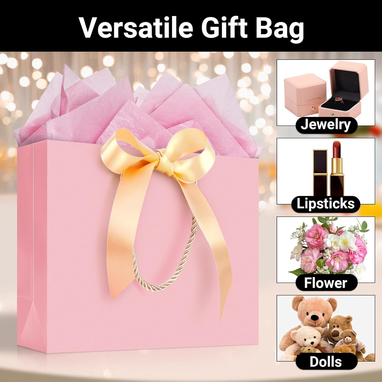 EUSOAR Pink Gift Bags, 12pcs 10.6"x3.1"x8.3" Thank You Gift Paper Bags with Bow Ribbon Handle, Small Shopping Party Favor Gift Treat Candy Bags Bulk for Wedding Baby Shower Guests Bridal - Image 3