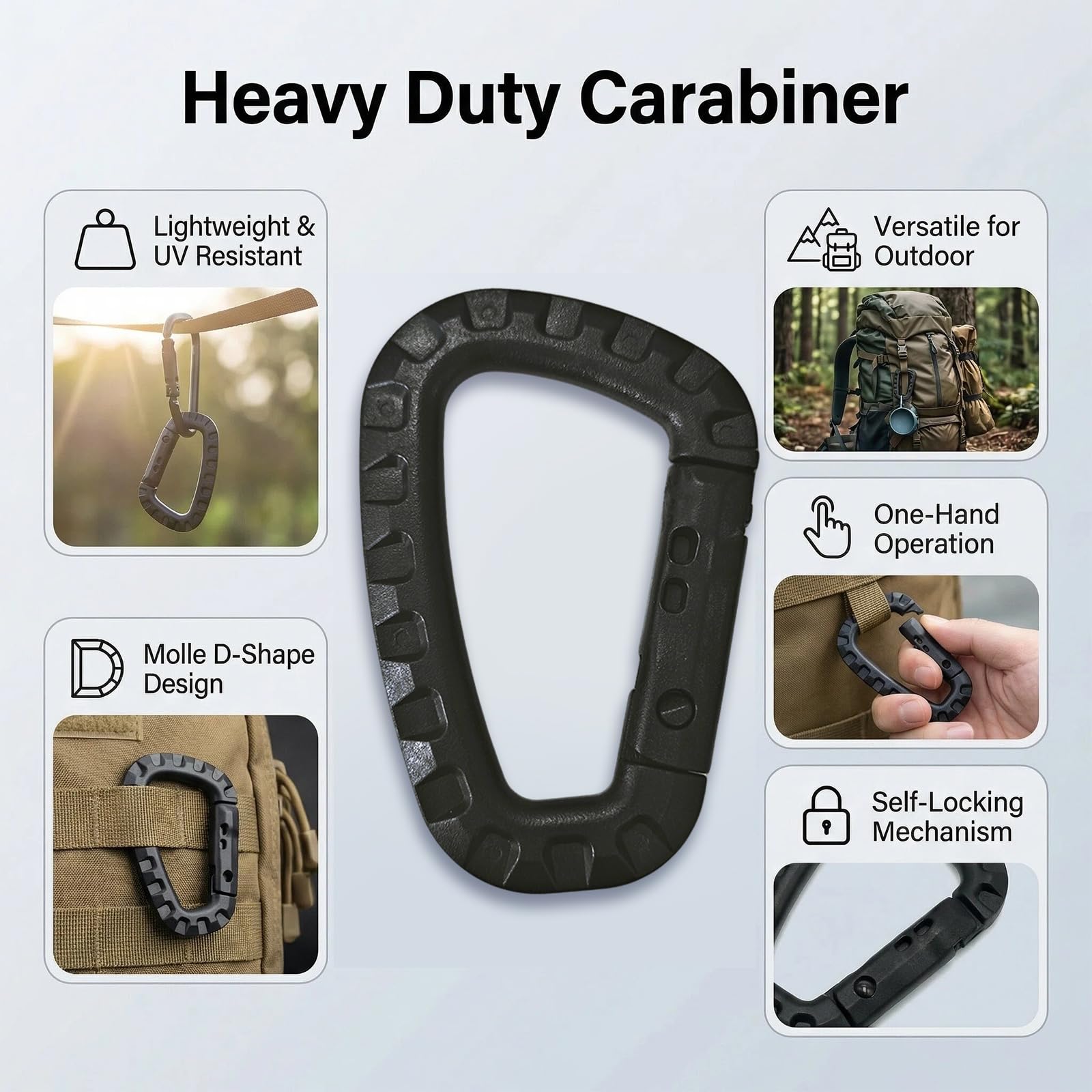 Mousquetons en Plastique – Lot de 5 – Mousqueton Tactique Militaire Noir avec Fermeture à Ressort, Léger et Polyvalent pour Camping, Randonnée, et Activités Extérieures- Forme de D, Carabiner