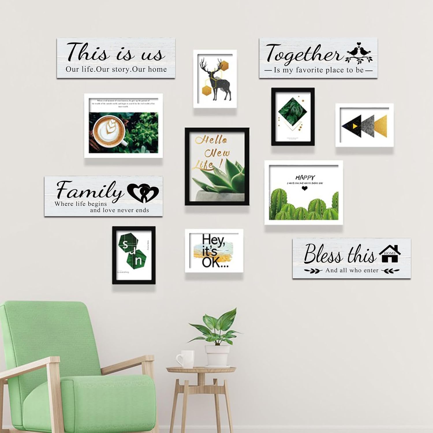 4 Pcs Wooden Wall Decor rustic farmhouse decor with “This is Us, Together, Bless This Home, Family”， pictures for living room Wall Art for Living Room, Entryway, Home Hang with Hooks