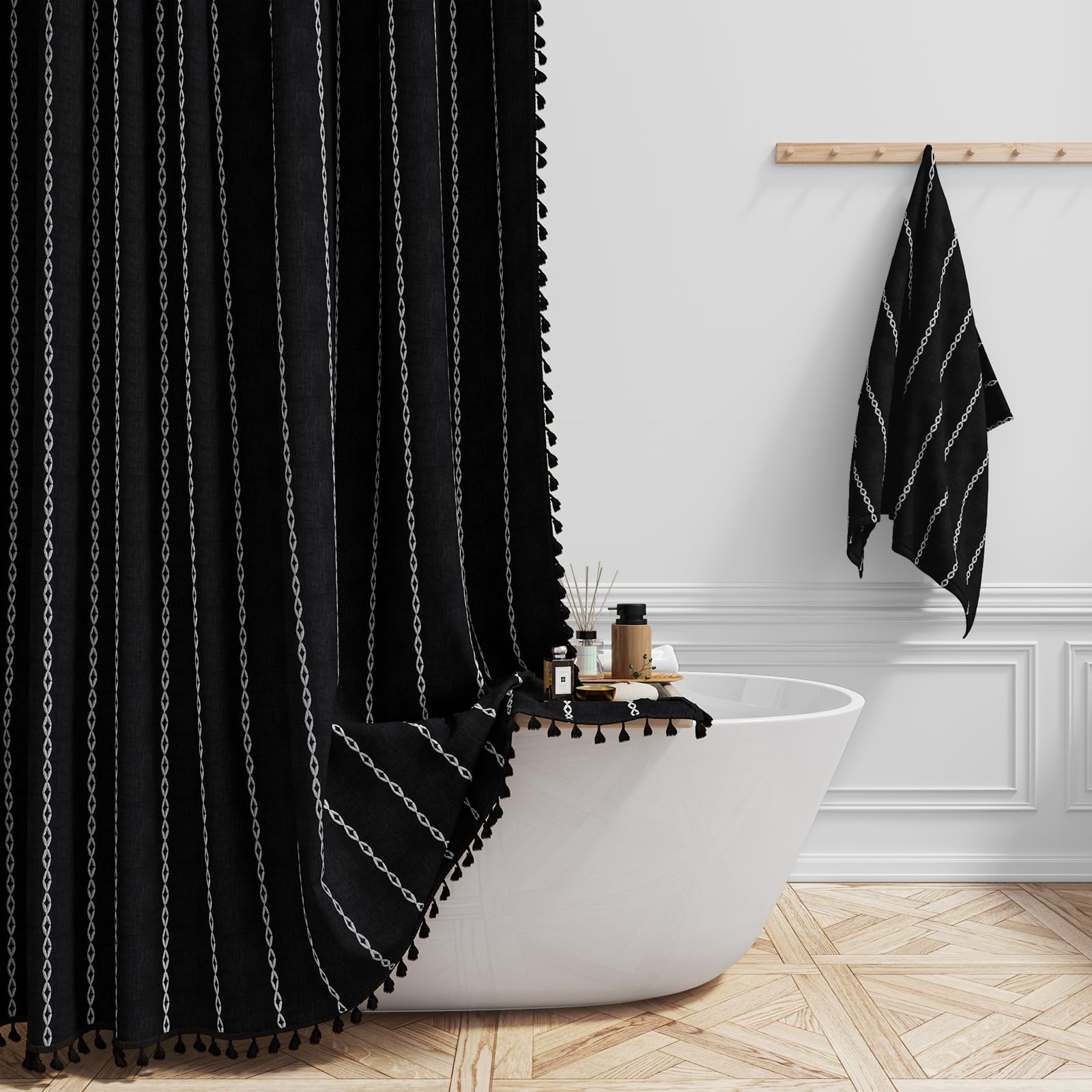 BTTN Boho Farmhouse Striped Shower Curtain, 183x186cm with Tassel, Black — image 1