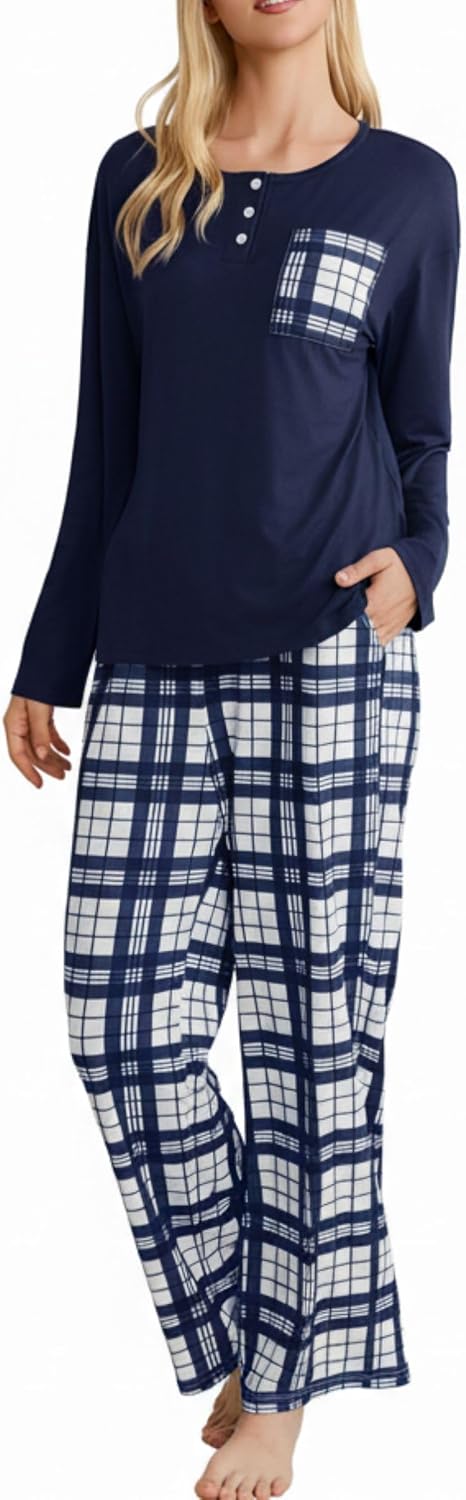 FLYCURVY Women's Pajama Sets 2 Piece Long Sleeve Sleepwear Soft Pj Set Loungewear Plaid Pjs with Pockets