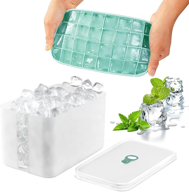 Silicone Ice Cube Tray with Lid and Bin, Ice Cube Moulds with Lid, Ice Trays for Freezer with Storage and Ice Scoop 24 Small-Cubes Tray for Cocktail, Whiskey, Coffee