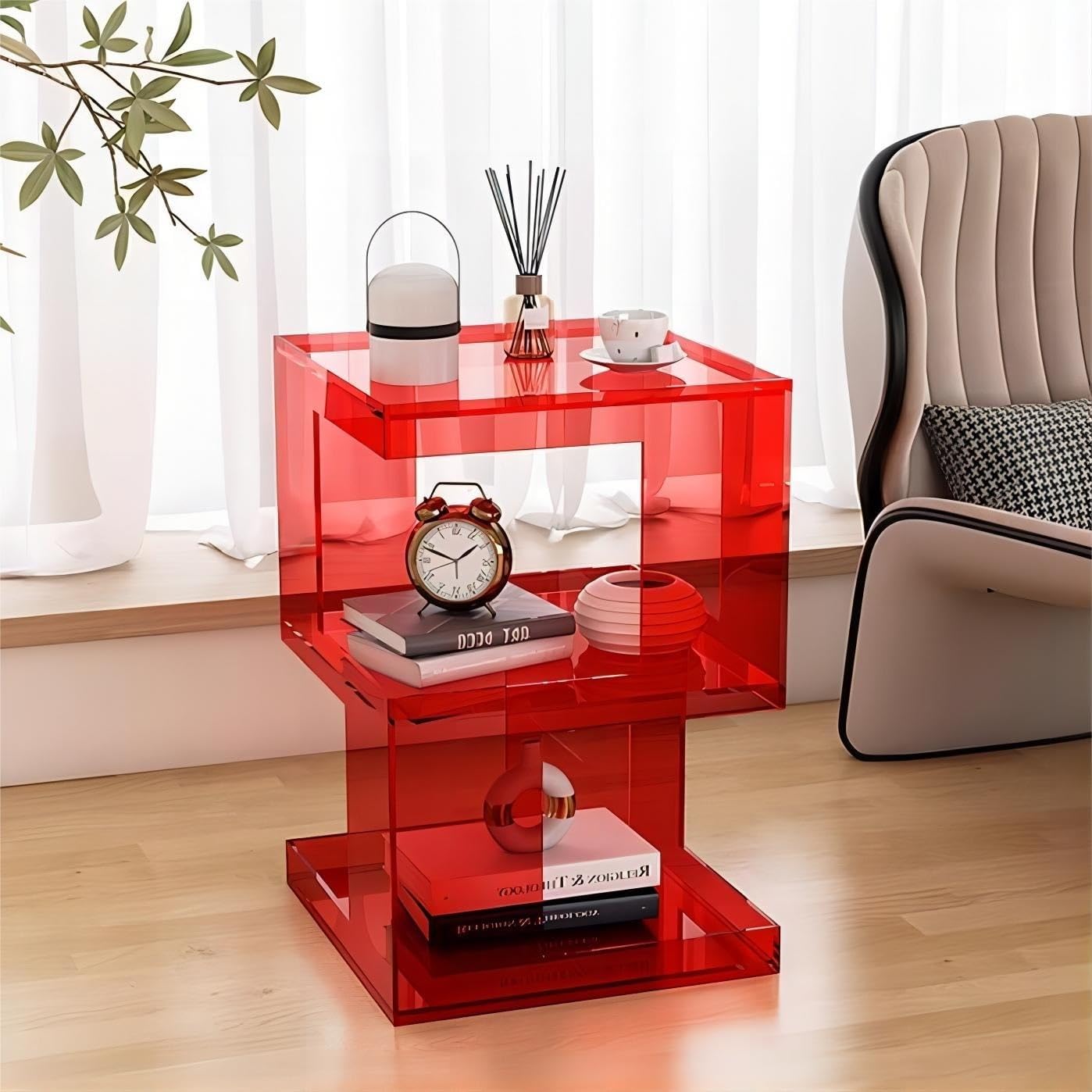 SXZenSpace 3-Tier Clear Acrylic Side Table Small Nightstand Coffee with Storage for Living Rooms & Spaces Solid Construction(Rojo)
