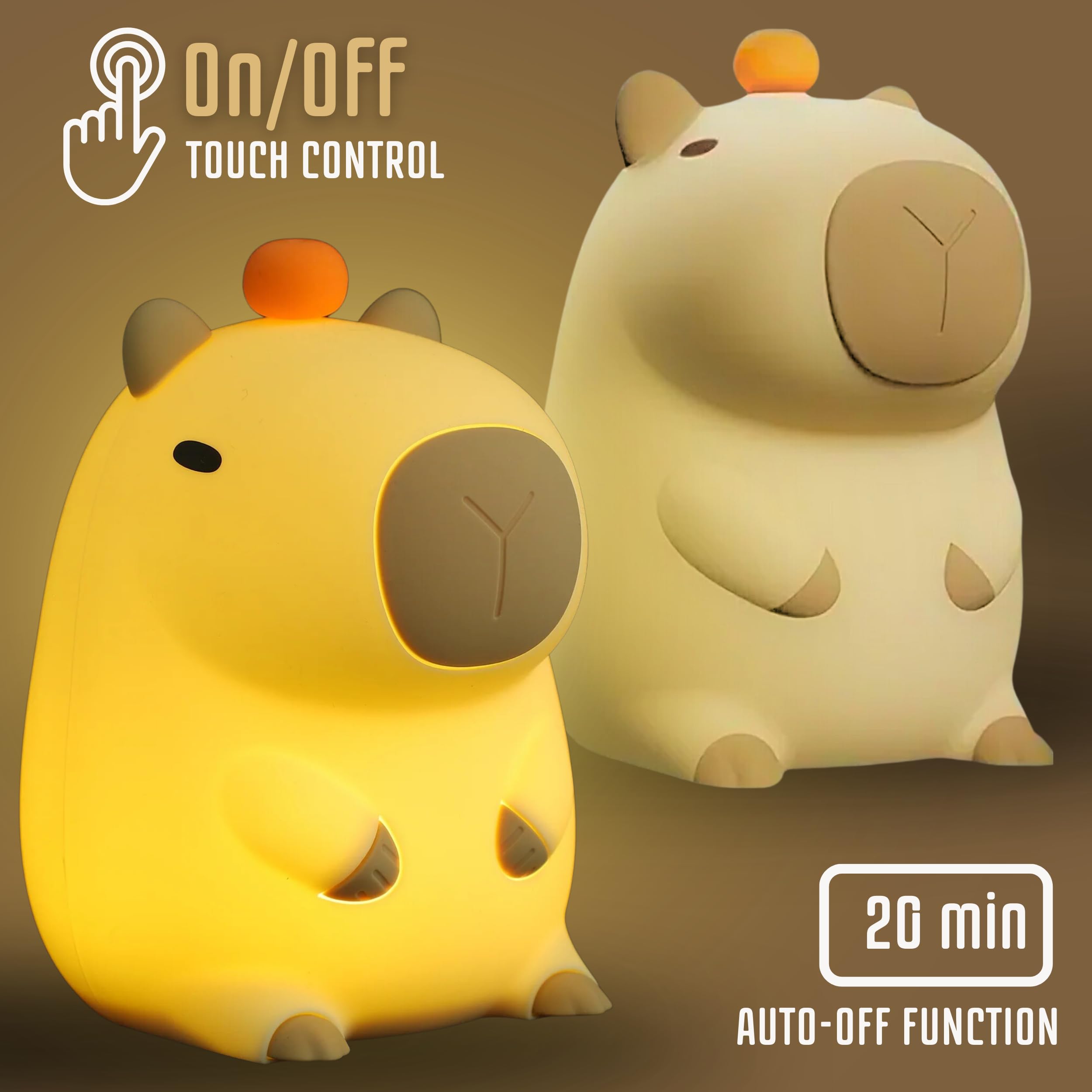 Two capybara silicone LED night light toys showing size comparison