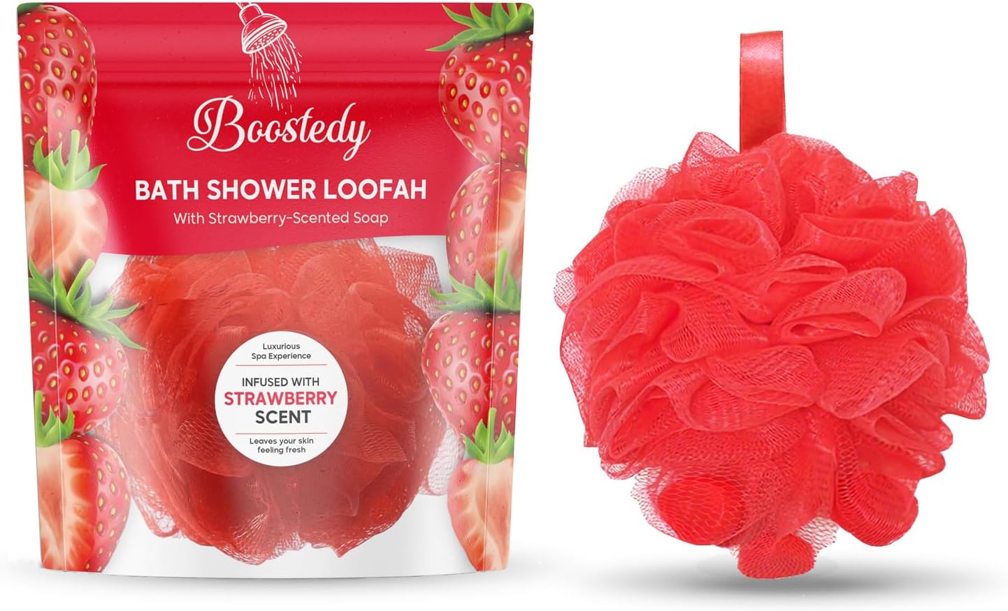 Bath Shower Loofah with Strawberry-Scented Soap – Soft & Exfoliating Body Scrubber, Soap-Infused Loofah, Luxurious Spa Experience, Durable (Red - Strawberry, Medium (Pack of 1))