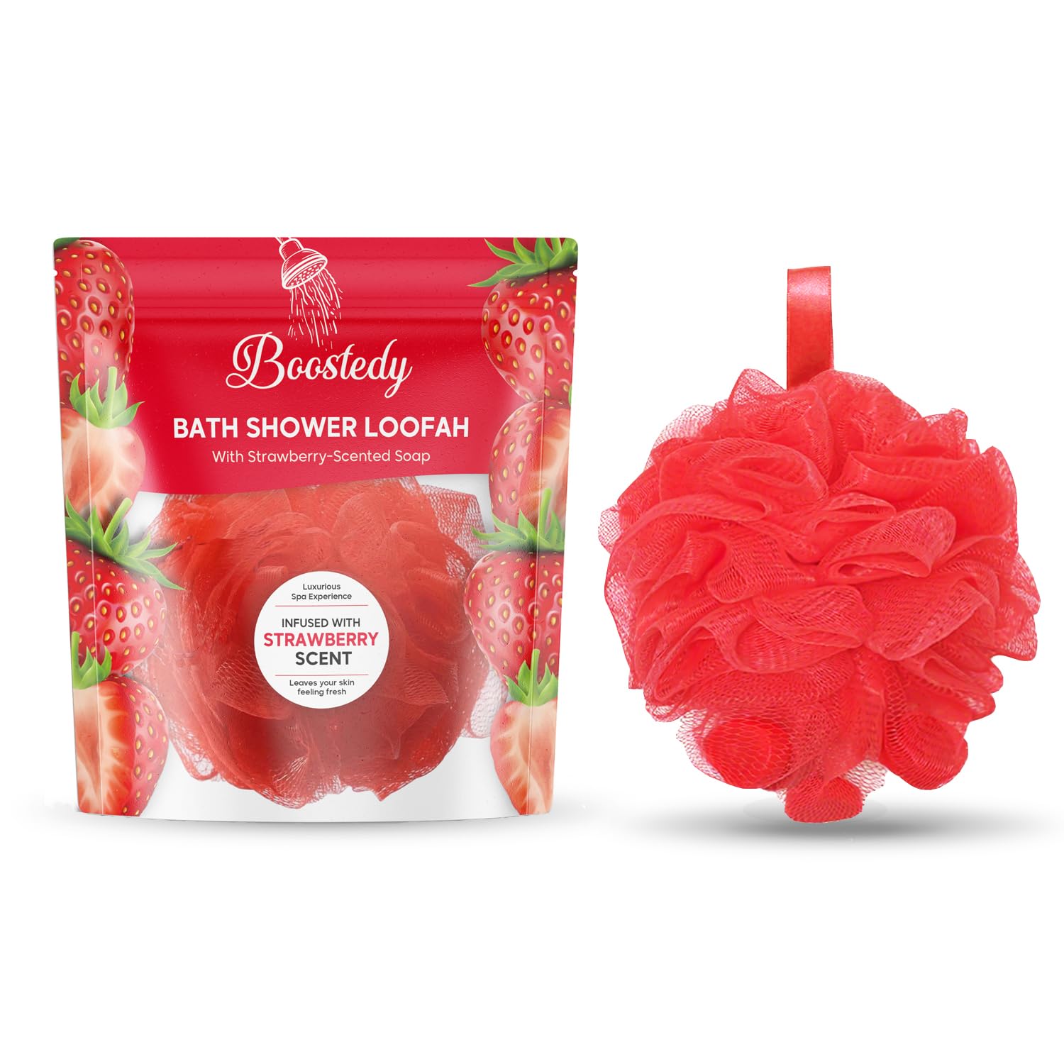 Bath Shower Loofah with Strawberry-Scented Soap – Soft & Exfoliating Body Scrubber, Soap-Infused Loofah, Luxurious Spa Experience, Durable (Red -