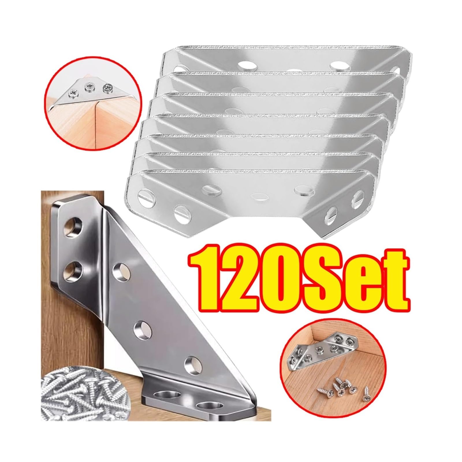 Conectores de esquina de 90° de acero inoxidable | 1 a 120 juegos de fijadores angulares con tornillos for el montaje de juntas de muebles(100Set)