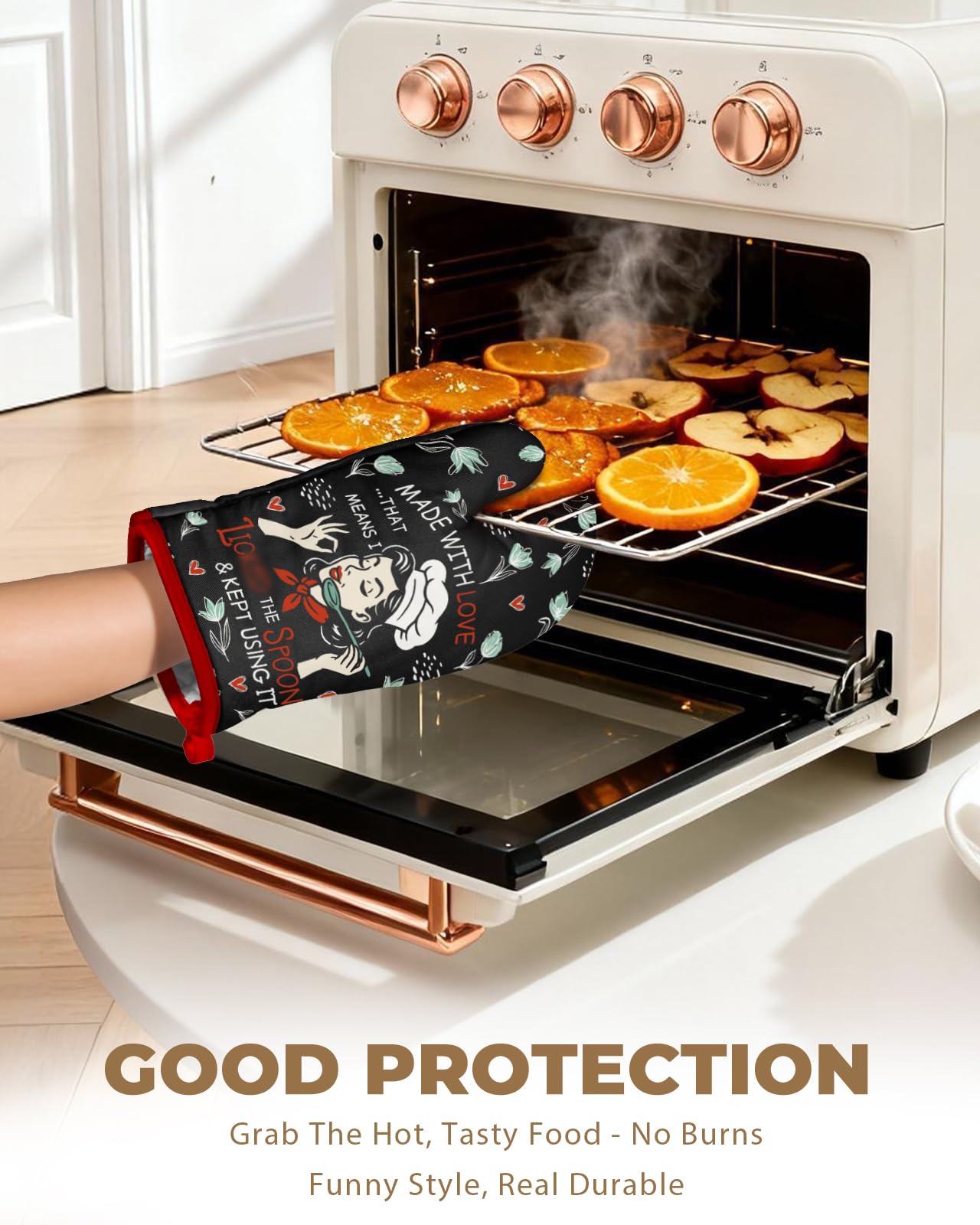 Slohif Lustiger Ofenhandschuh, hitzebeständig für Frauen, 1 Packung, schwarz, niedliche Neuheit, coole Küchenofenhandschuhe mit 100 % Baumwolle für Back- und Kochzubehör (Made with Love)