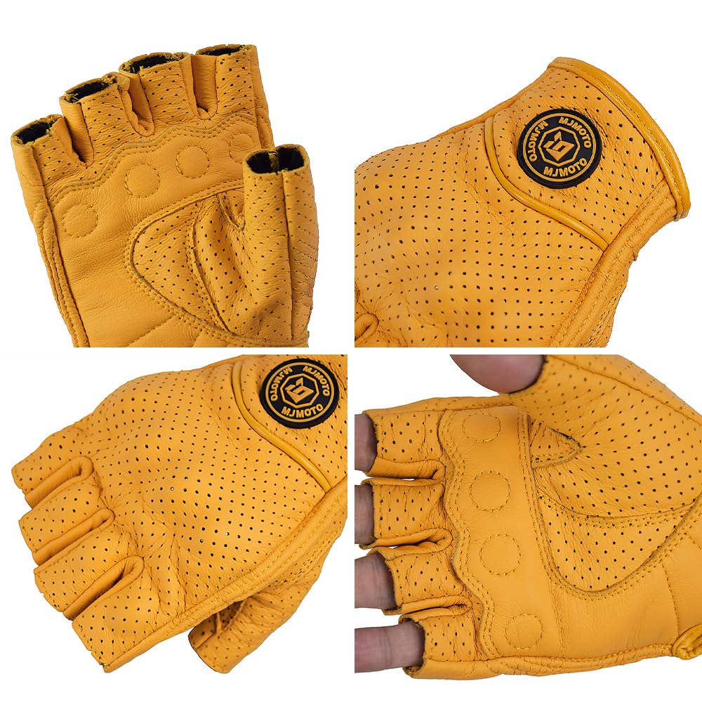 Guantes retro de medio dedo de piel amarilla con perforaciones transpirables y agarre antideslizante, cierre de velcro, unisex