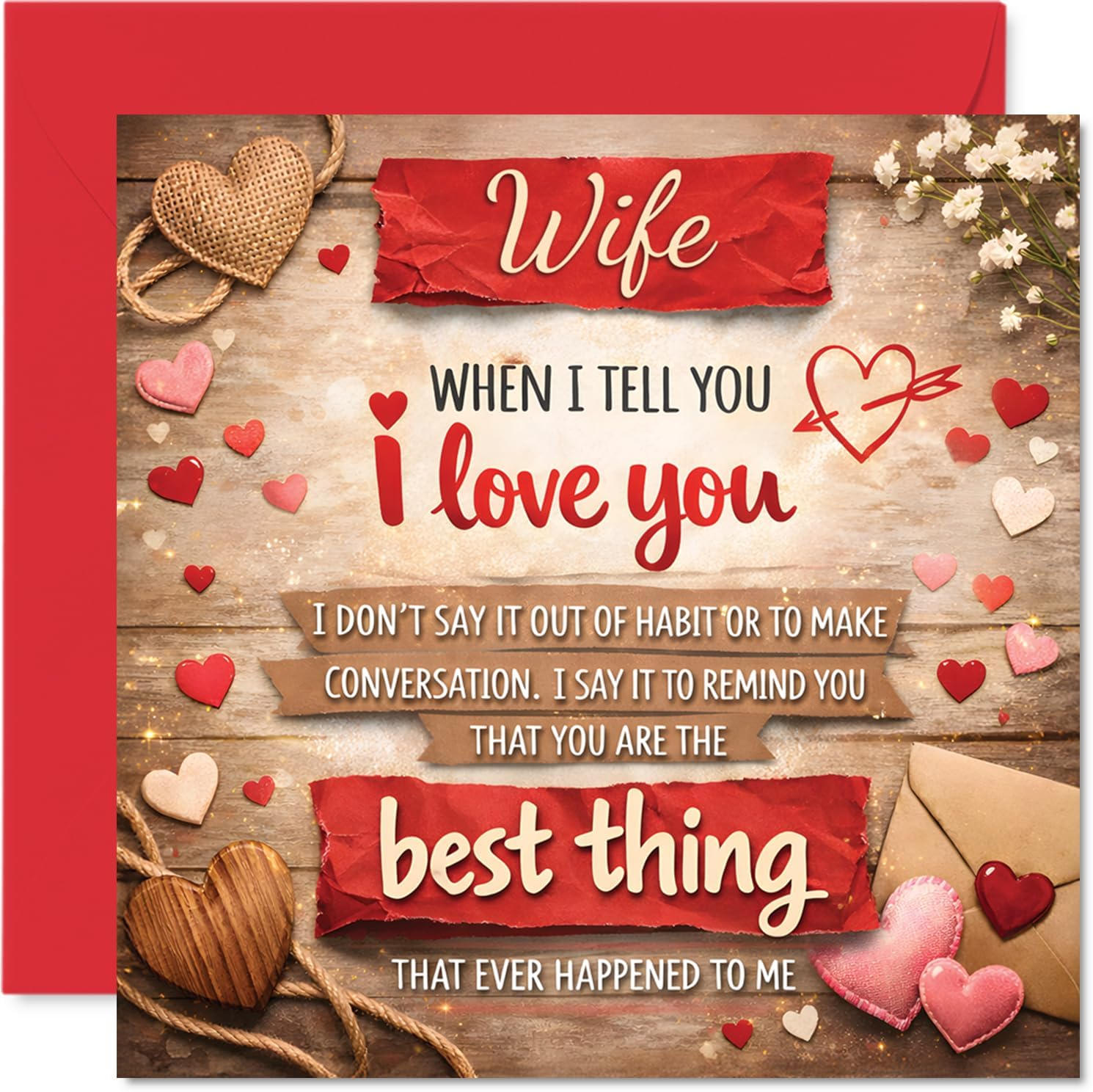 Stuff4 Heartfelt Anniversary Card for Wife - A Little Reminder of How Much You Mean - Rustic Hearts and Loving Words, Valentine's Day - 5.7 Inch Square, Envelope Included