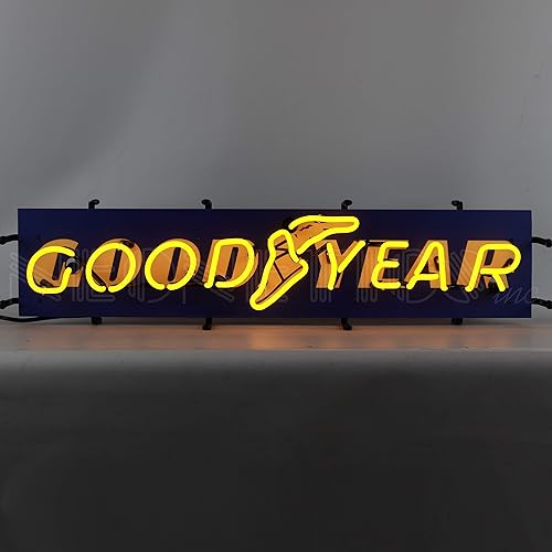 Goodyear - Letrero de neón junior, tubos de vidrio real soplados a mano, color amarillo brillante, mide 32 pulgadas de ancho por 8 pulgadas de alto