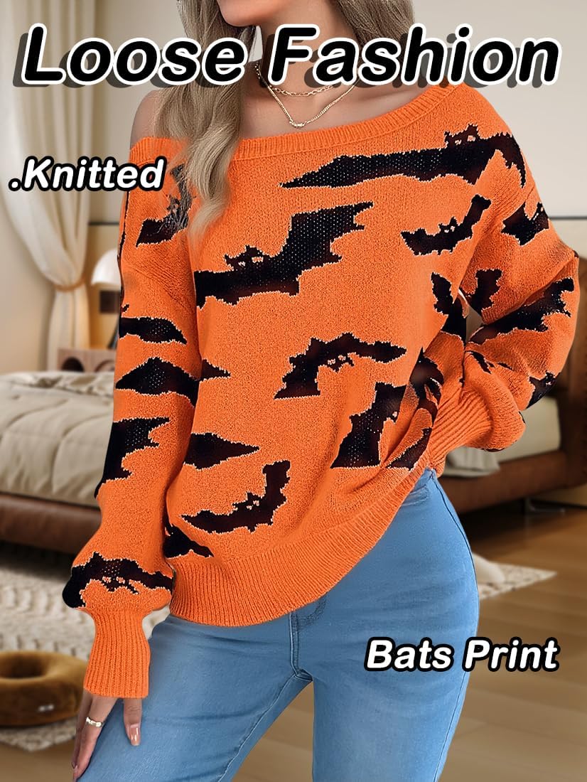 Women Halloween Sweater Bat Off Shoulder - Knitted Loose Sweaters, Long Sleeve Loose Trendy Top, Fall Winter Casual Outfit - Image 6