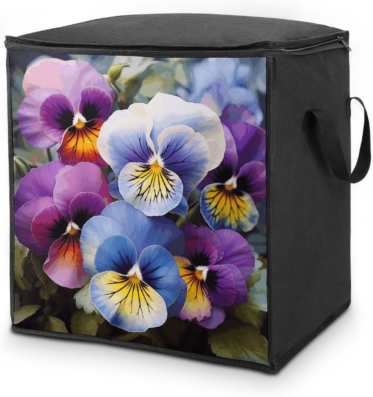 Pansy Perfection Storage Bag with Zippers And Handle Extra Large Bedding Comforter Storage Bag Foldable Blanket Storage Bags Fabric Moving Bags for Closet Organizer (70L)