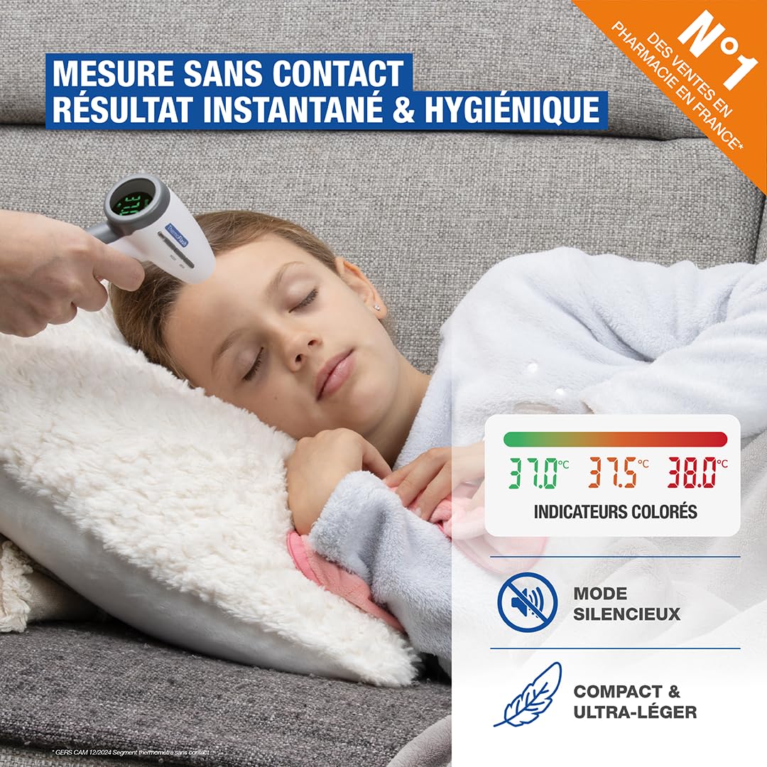 BIOSYNEX - THERMOFLASH Premium - Thermomètre Frontal Sans Contact pour Bébés, Enfants et Adultes - Thermomètre Infrarouge Médical - Température Corporelle, Ambiante, Surface (Bain, Biberon...)