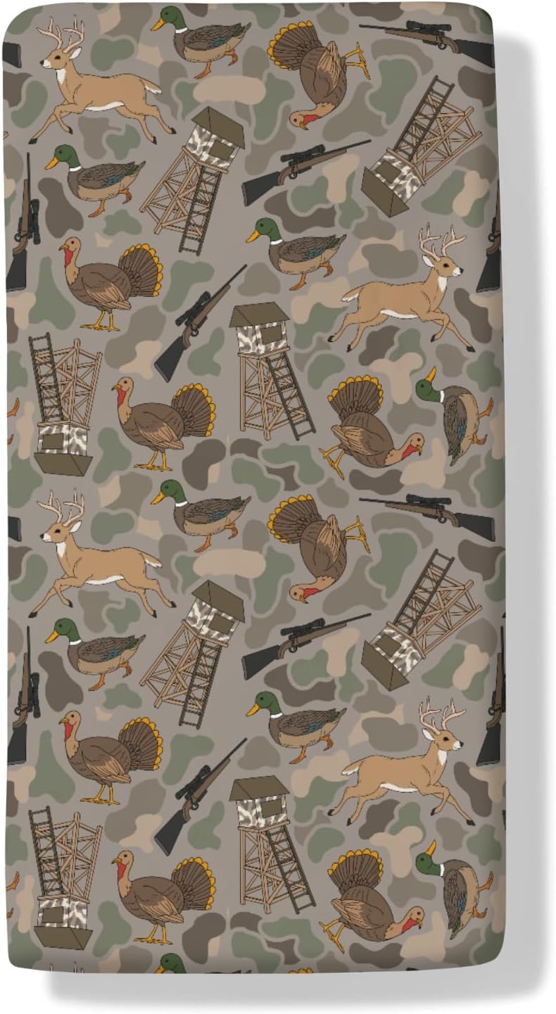 Vintage Hunting Animals Baby Crib Sheets Hunting Mallard Duck Deer Turkey Standard Crib Toddler Mattress Covers Camouflage Outdoor Adventure Nursery Bedding Sheet Crib Mattress Sheets 28x52in
