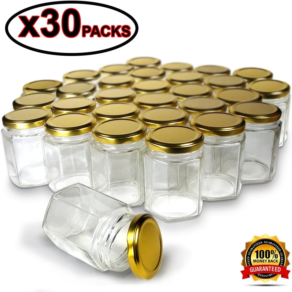 Hexagon Jars Gold Lid (30pcs 4.0 oz) Hexagon Glass Jars with 30pcs Gold Plastisol Lined Lids for Jam Honey Jelly Wedding Favors Baby Shower Favors Baby Food DIY Magnetic Spice Jars Crafts Canning Jars