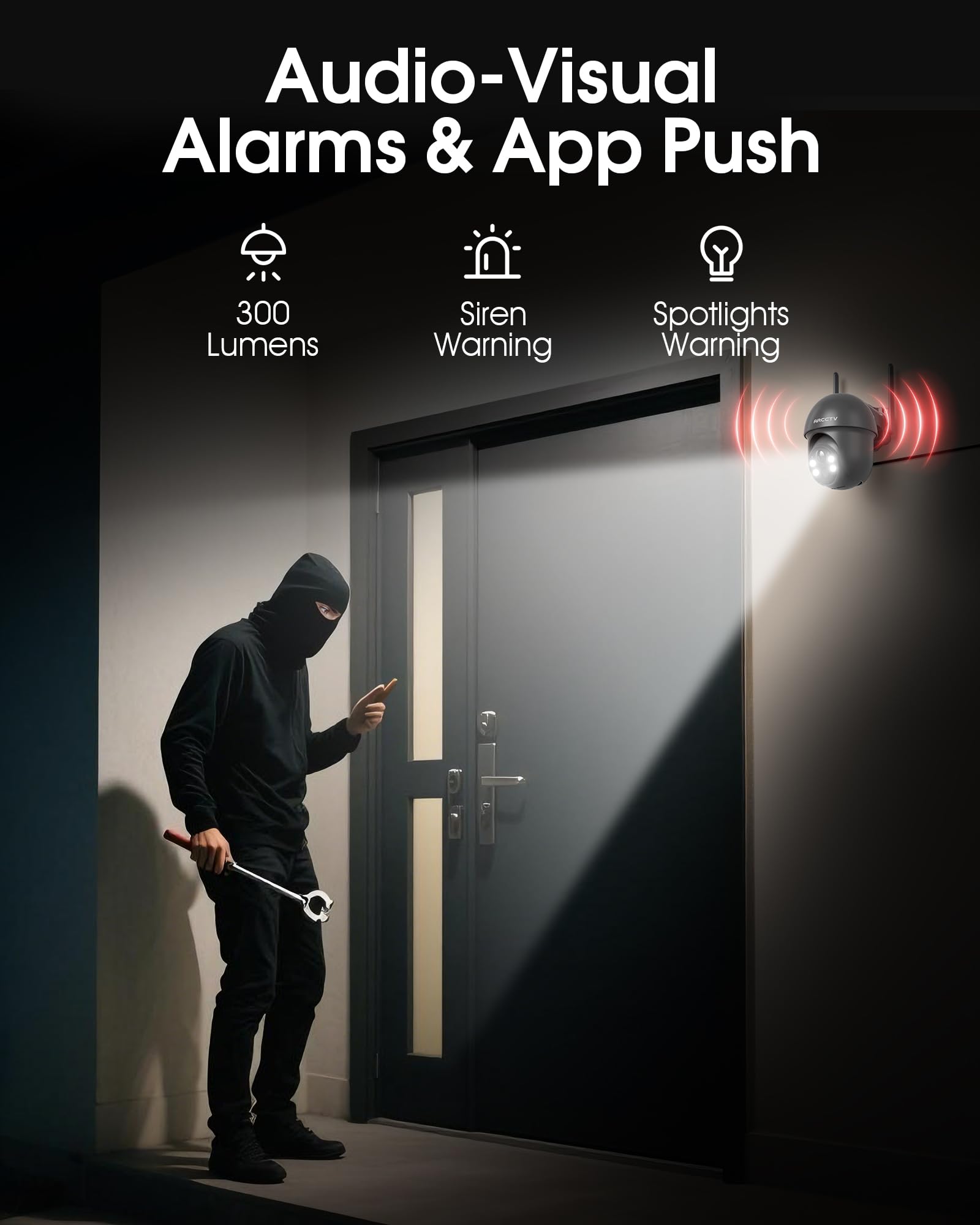 ARCCTV Telecamera Senza Fili, Wi-Fi a 2,4/5 GHz, Telecamera a Batteria | Wi-Fi Dual-band, Controllo del Personale, PTZ a 360°, Visione Notturna a Colori, Audio Bidirezionale, Impermeabile