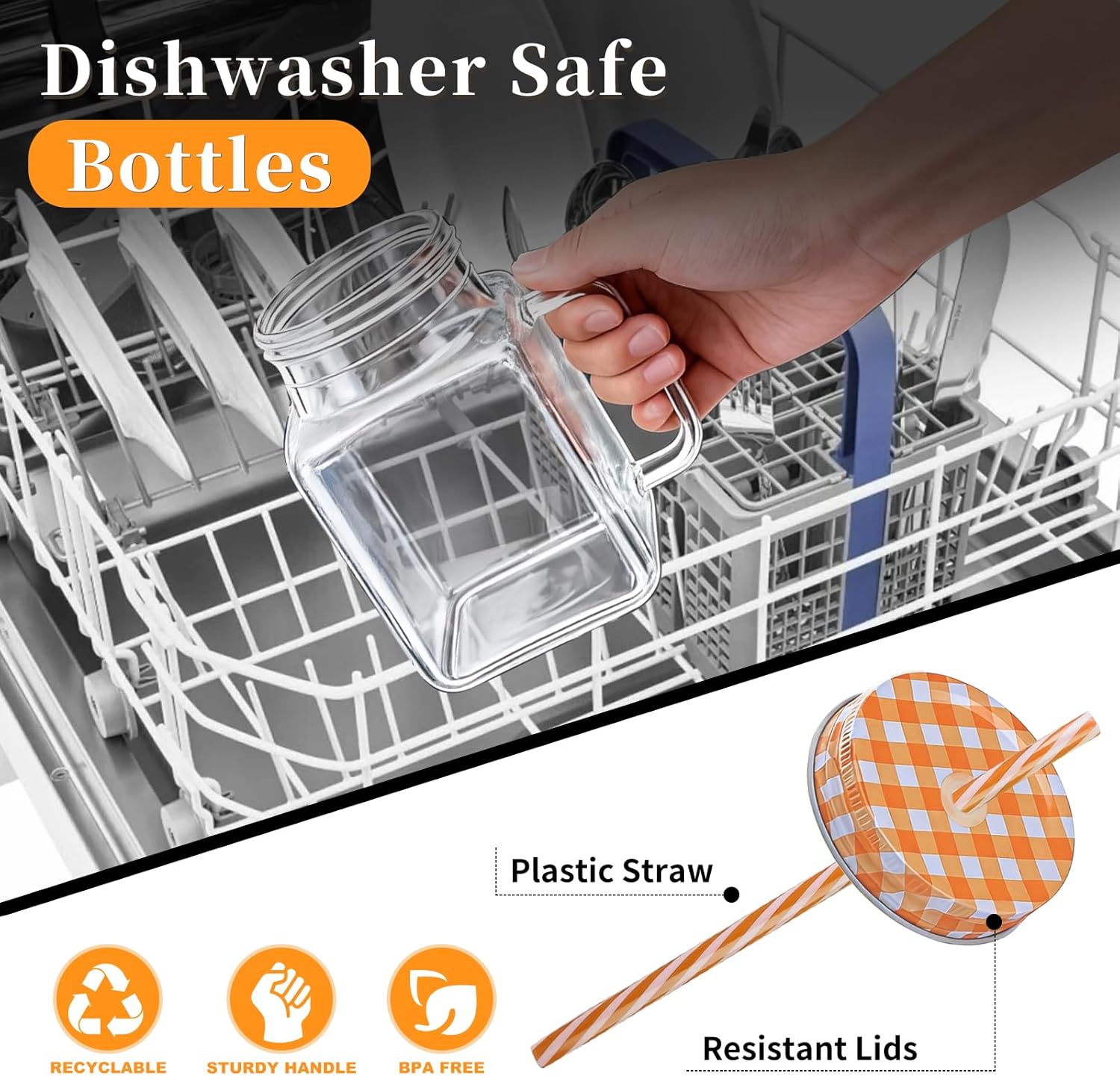 Mason Jar Cups, 17oz Mason Jar with Handle, Mason jar Drinking Glasses with Lids and Straws, Glass Bottle Mugs for Smoothies Juice Cold Drinks Beverages, Set of 2 - Image 3