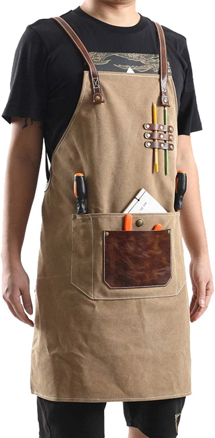 Work Apron For Men, Heavy Duty Waxed Canvas Tool For Carpenter, Woodworker