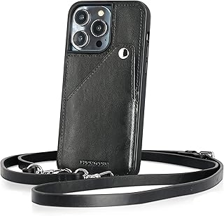 LUCKYCOIN iPhone 14 Pro Phone Case with Strap, Genuine Leather Crossbody iPhone Case for iPhone 14 Pro, iPhone 14 Pro Phone Case with Card Holder iPhone 14 Pro Case with Lanyard 6.1â€™â€™-Black