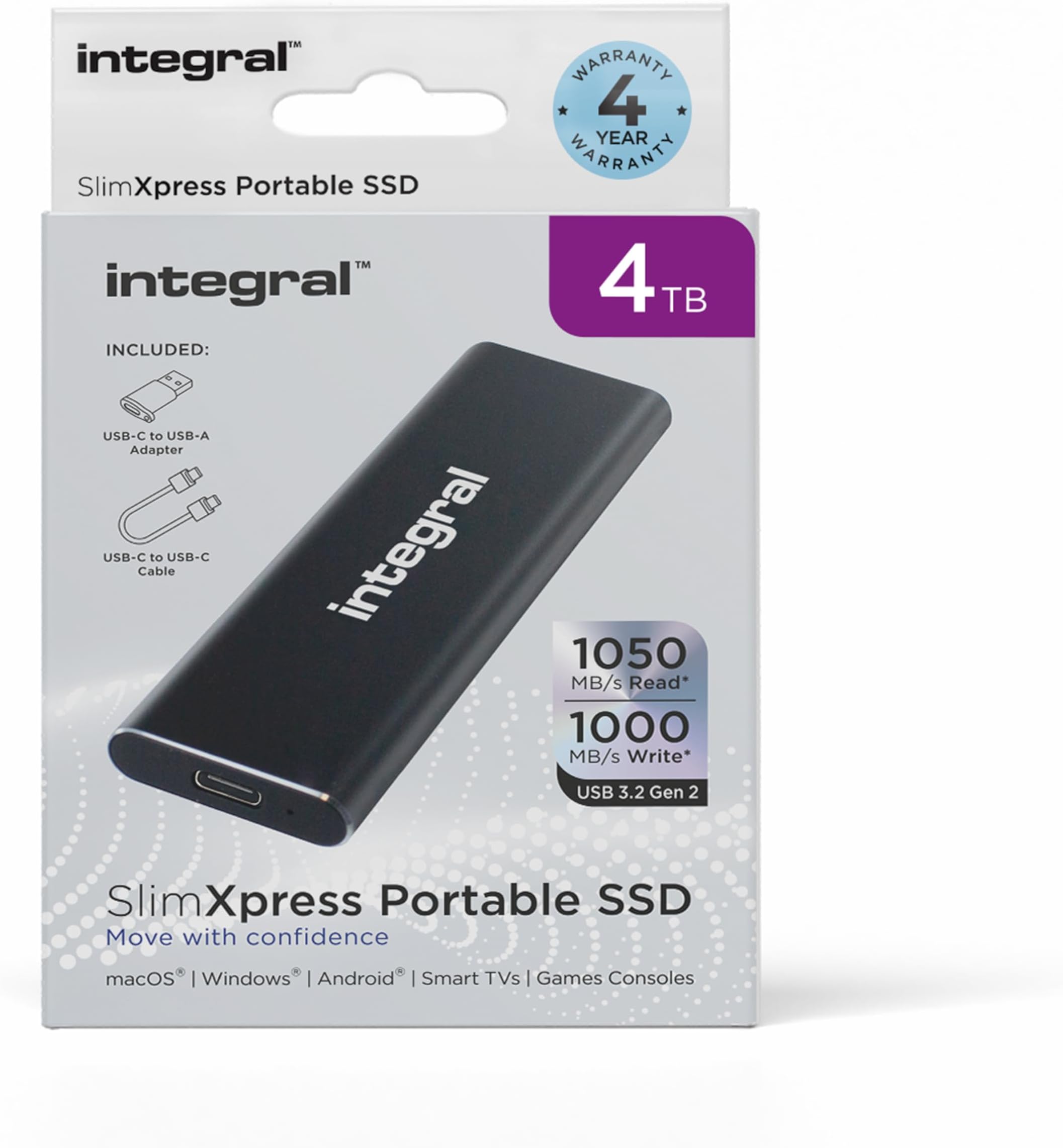 Integral SlimXpress 4TB USB & USB-C 3.2 Gen 2 Portable External SSD - Super Fast 1050MB/s Read / 1000MB/s Write speeds, Sleek Aluminium Casing and Plug & Play. Mac, PC, XBOX & Playstation Compatible