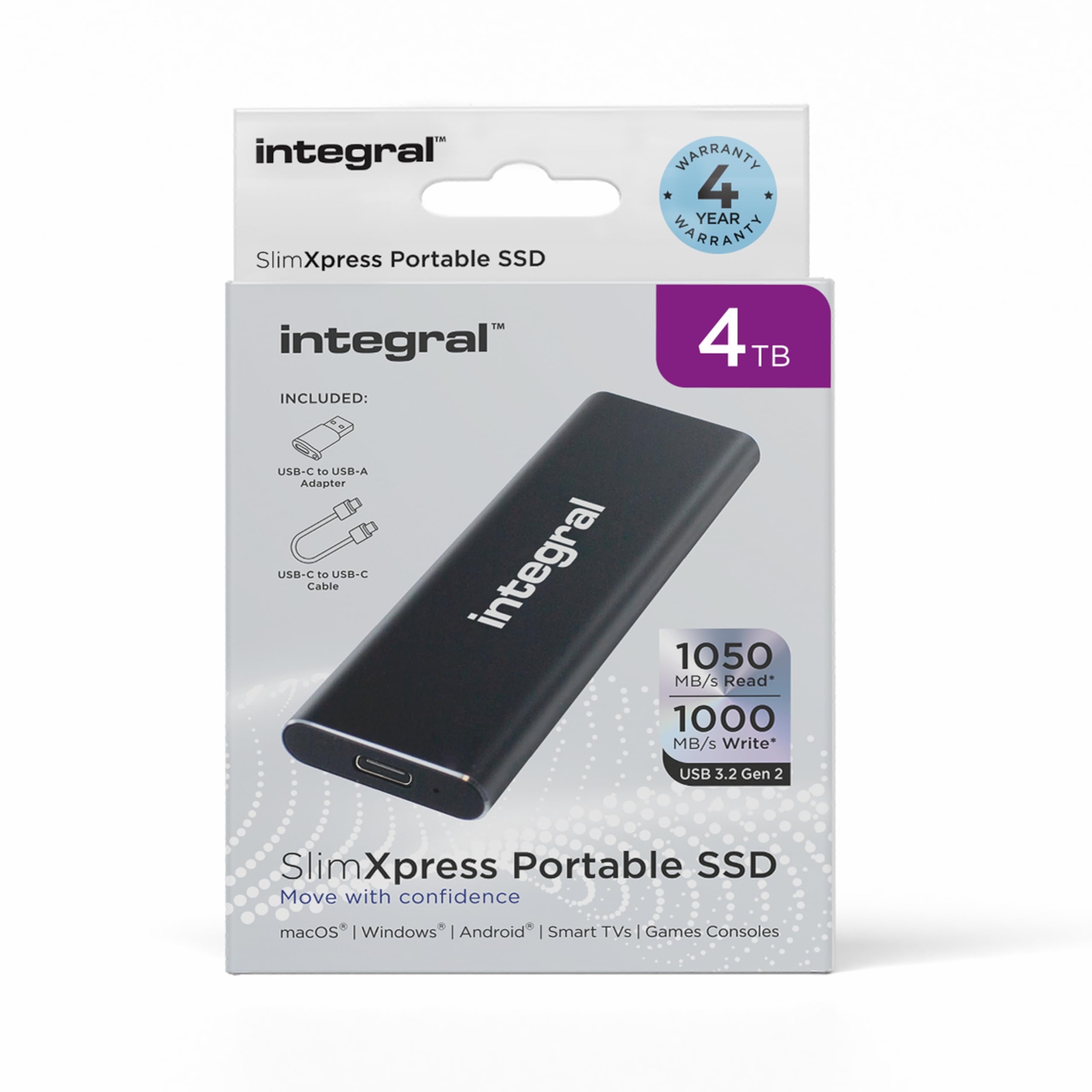 Integral SlimXpress 4TB USB & USB-C 3.2 Gen 2 Portable External SSD - Super Fast 1050MB/s Read / 1000MB/s Write speeds, Sleek Aluminium Casing and Plug & Play. Mac, PC, XBOX & Playstation Compatible