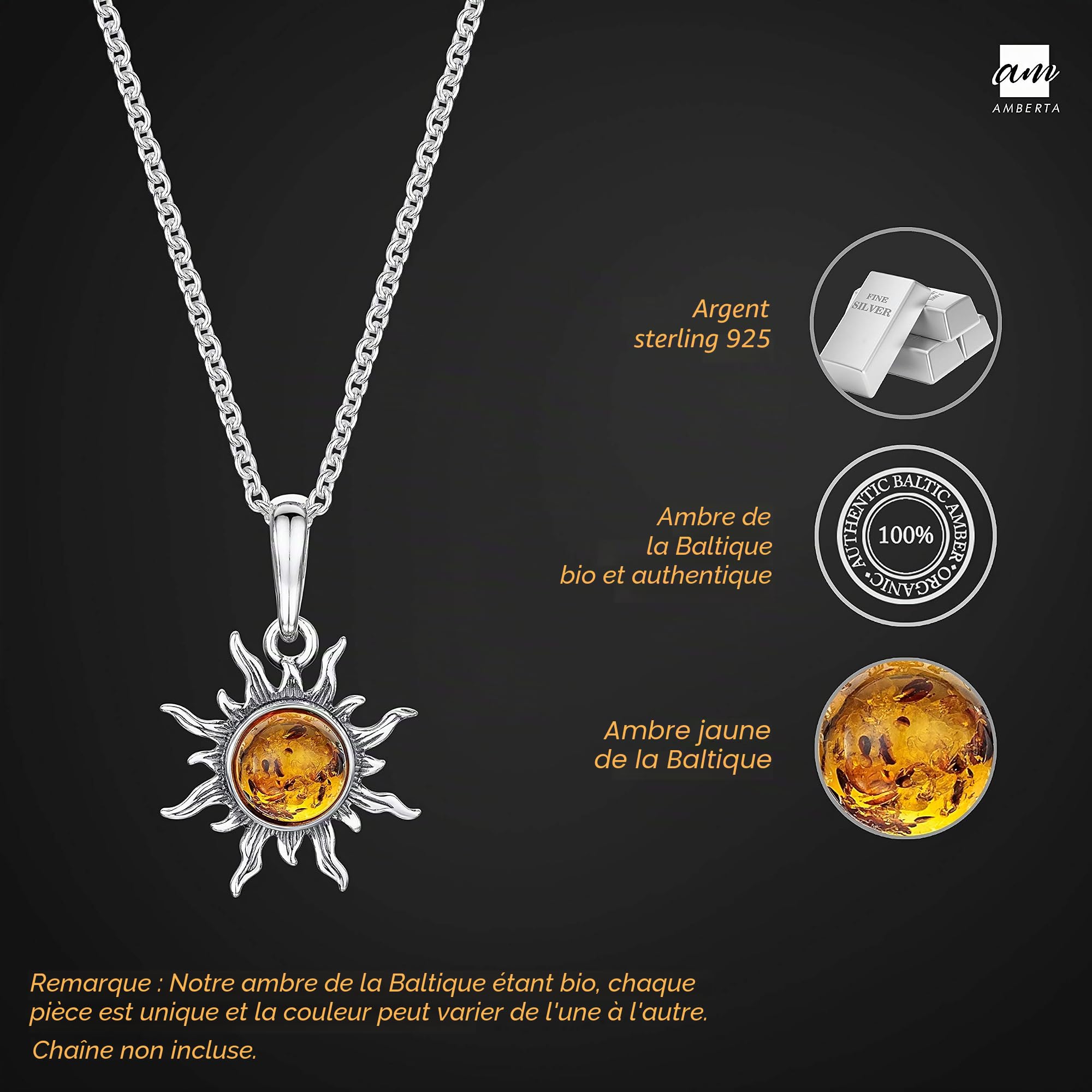 Pendentif Soleil en Argent Sterling 925 avec Ambre de Différentes Couleurs