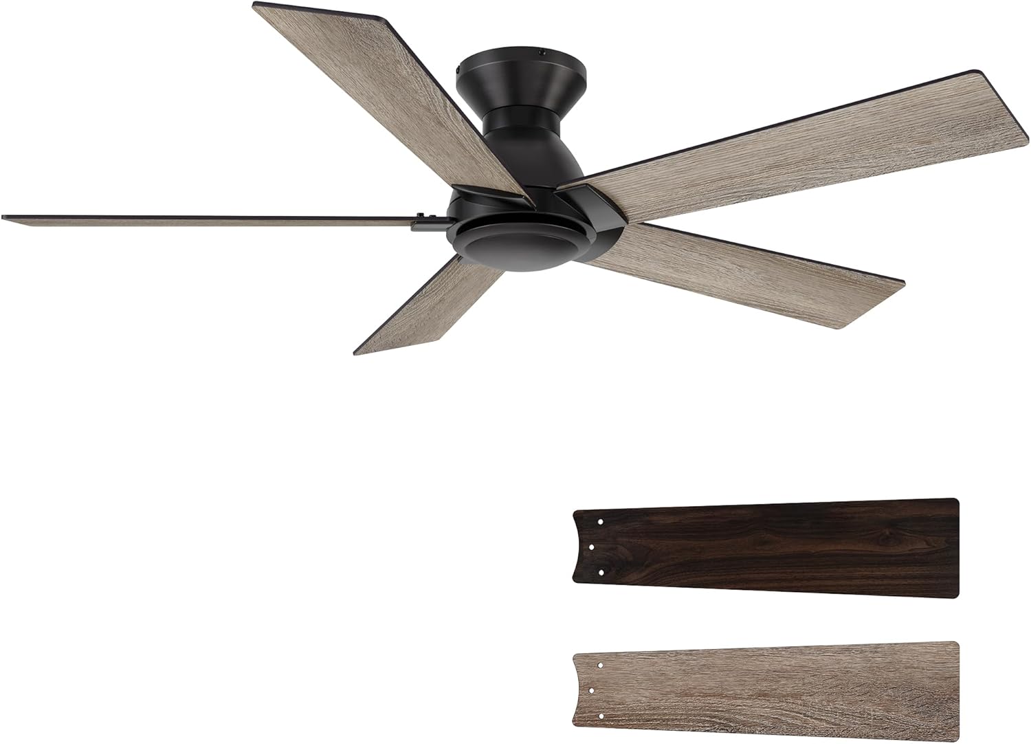 Carro 52 Inch Flush Mount Ceiling Fan without Lights, Black Ceiling Fan with Remote Low Profile, 10-Speed Reversible DC Motor, 5 Dual Finish Blades, Indoor for Bedroom