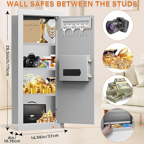 Miniatura 2 de Caja fuerte de pared ignífuga blanca de 29.53 pulgadas de alto entre los postes de 16 pulgadas, cerradura de combinación resistente en la pared con