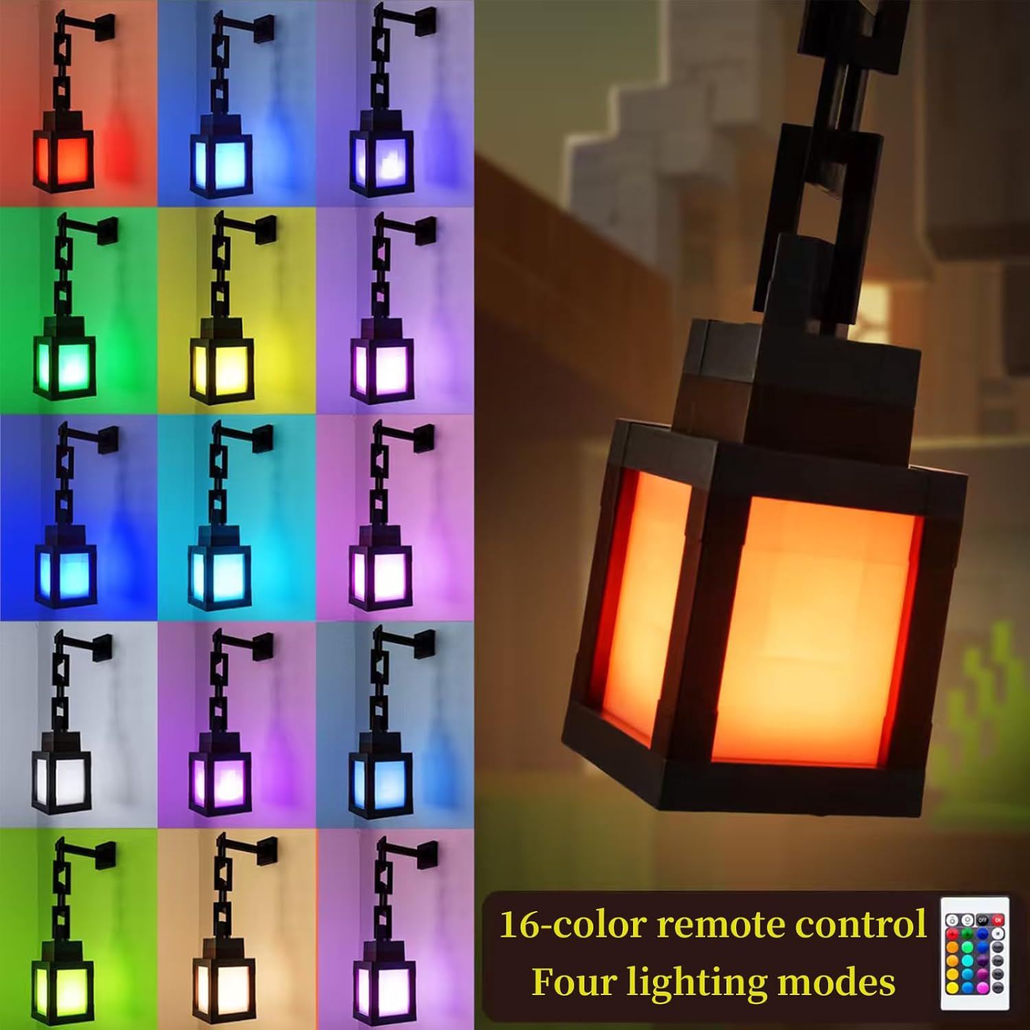 Pixelated Lantern Night Light, 16 Colors Rechargeable LED Lamp with Remote, Retro Pixel Style Table/Wall Light for Bedroom Gaming Decor (2)