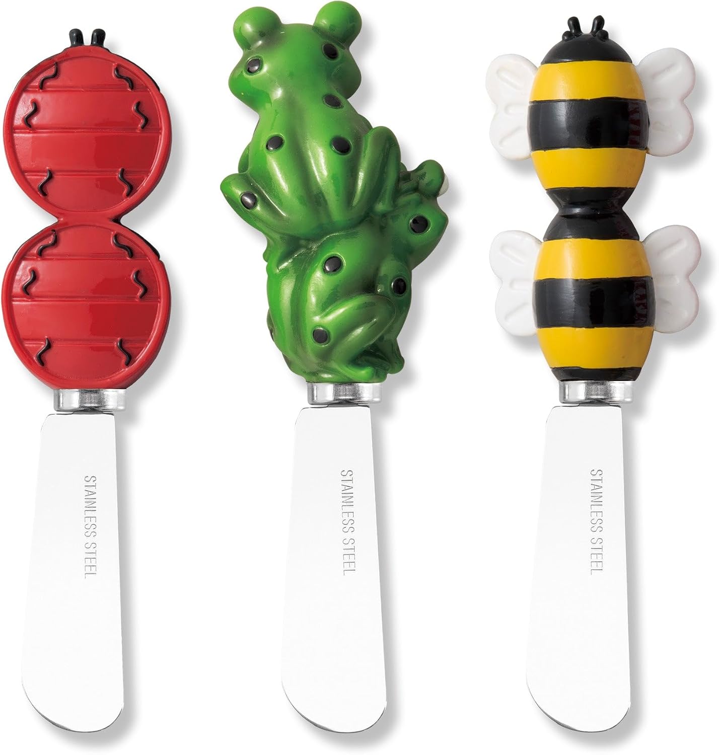 Supreme Housewares Frogs and Friends Resin Cheese Spreader Set of 3, Stainless Steel Appetizer Tools with Hand Painted Frog Ladybug and Bee Resin Handles