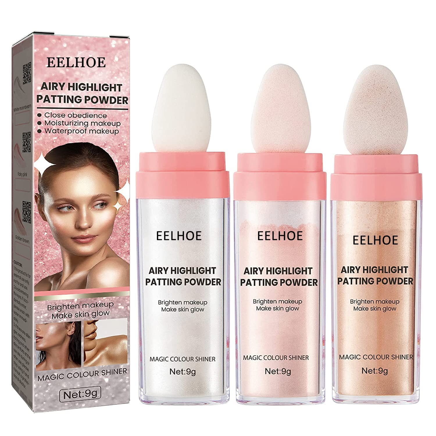 Polvo De Hadas Highlighter Powder Stick, Highlighter Makeup Powder, Face and Body Highlight Patting Powder, Makeup Tool for Body Brightens Three-Dimensional Face Powder Makeup, 3 Colors