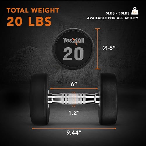 Miniatura 3 de Yes4All Mancuernas de uretano con mango moleteado antideslizante de 5 a 50 libras para construcción muscular, se venden individualmente