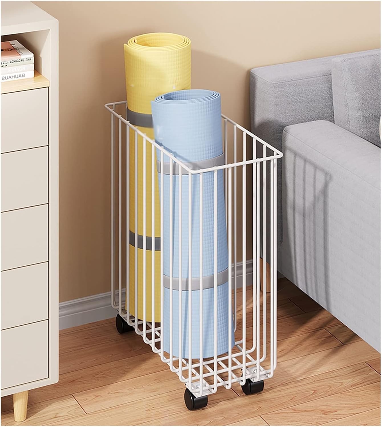 Compact Home Gym Storage nizer with Rolling Yoga Mat Basket and Wheels Multifunctional Display Stand Holder Rack for Foam Roller Towel and Dirty Clothes Space Saving Design (White