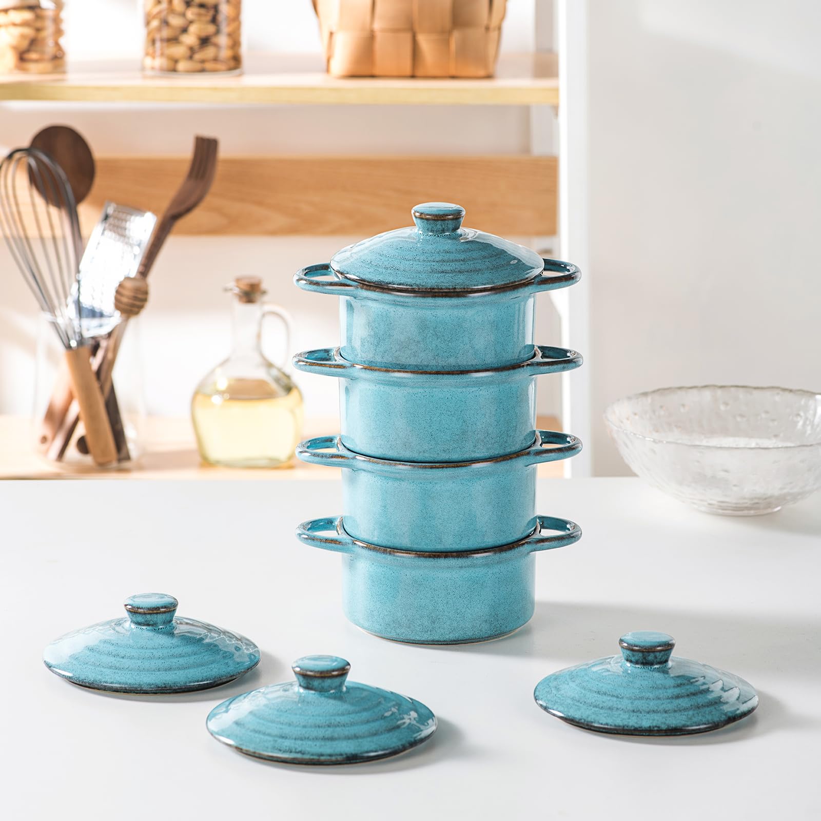 HENXFEN LEAD Cazuela de cerámica, 350 ml, mini ramequines de soufflé de cocottes con tapas y asas, juego de 4 moldes pequeños para hornear, azul reactivo